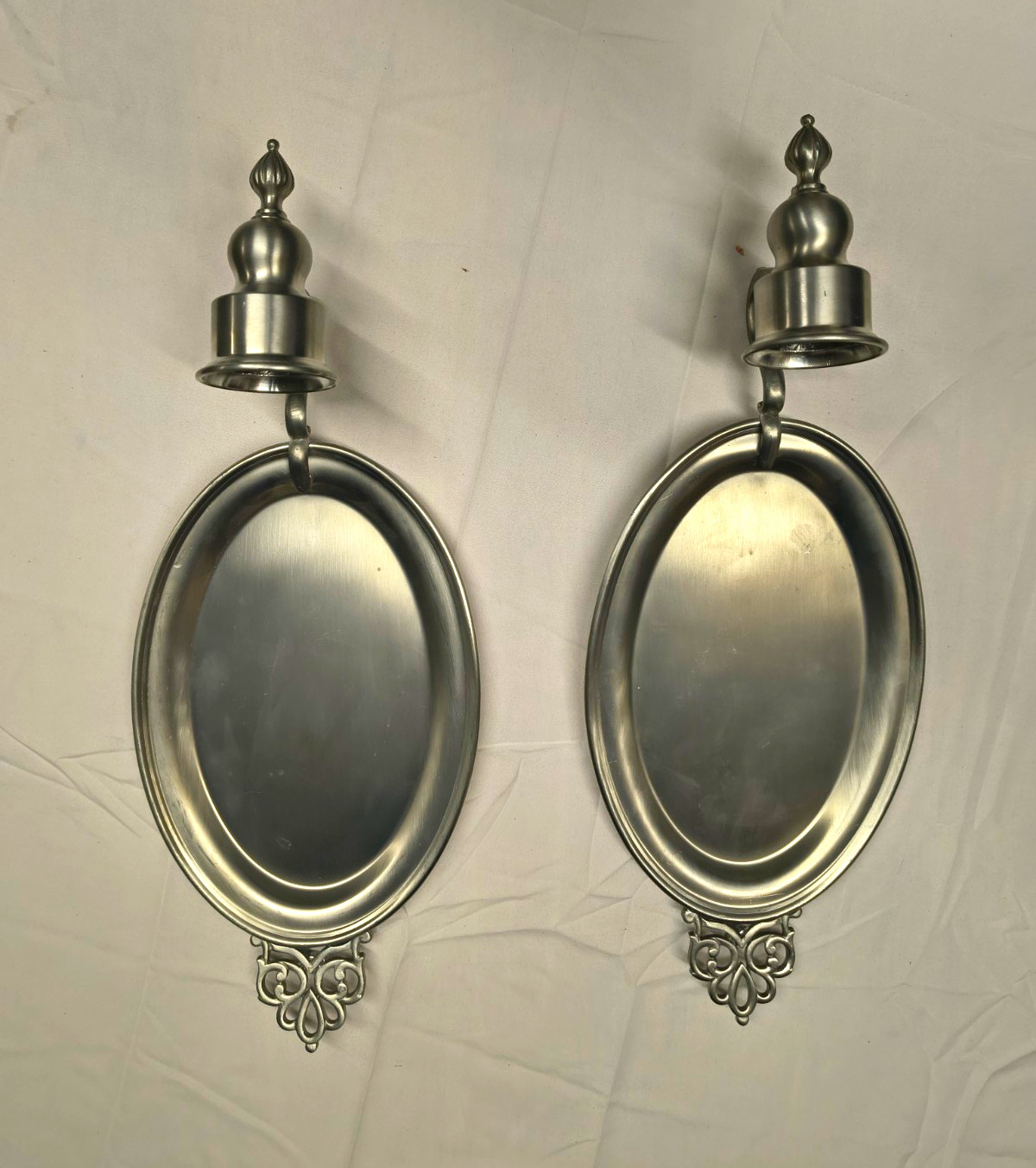 Vintage WEB Pewter Wall Candle Sconces Pair Oval Reflector Colonial Decor Vintage WEB Pewter Wall Candle Sconces Pair Oval Reflector Colonial Decor