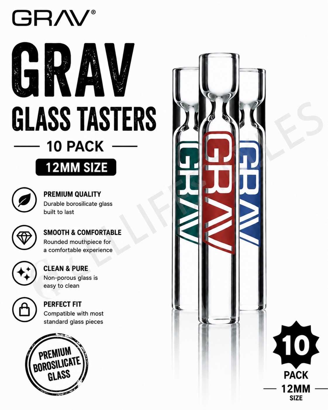 GRAV® 12MM CLEAR TASTER® - PACK OF 10, Larger Bowl, GRAV® Logo Etched Glass GRAV® 12MM CLEAR TASTER® - PACK OF 10, Larger Bowl, GRAV® Logo Etched Glass