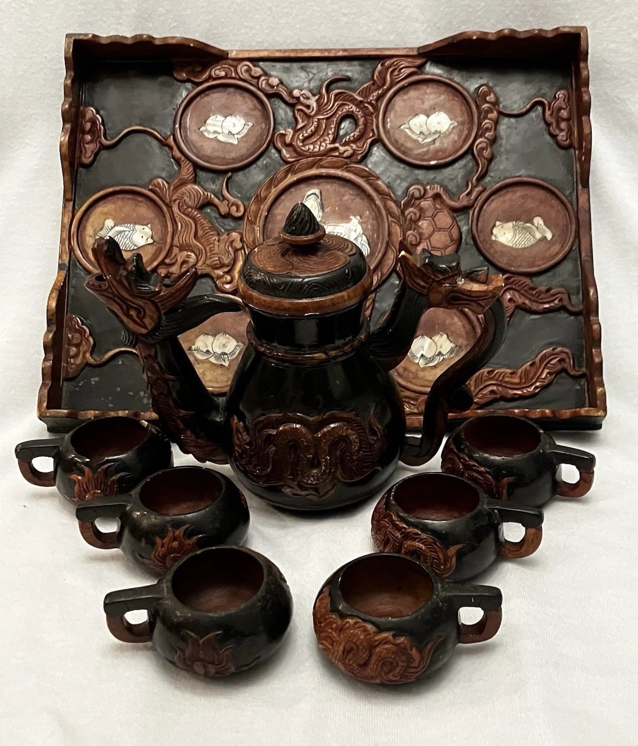 VTG Yixing Chinese Shoushan Stoneware Dragon Tea Set & Tray Mother of Pearl Rare VTG Yixing Chinese Shoushan Stoneware Dragon Tea Set & Tray Mother of Pearl Rare
