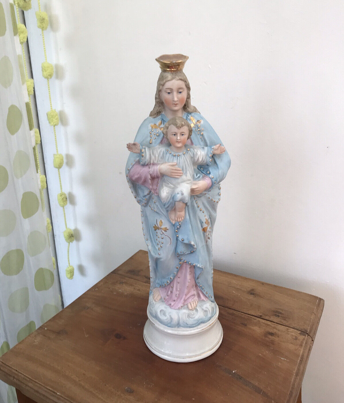 Antique French Statue Vieux Paris Porcelain Madonna Child Mary 12” Bisque Virgin