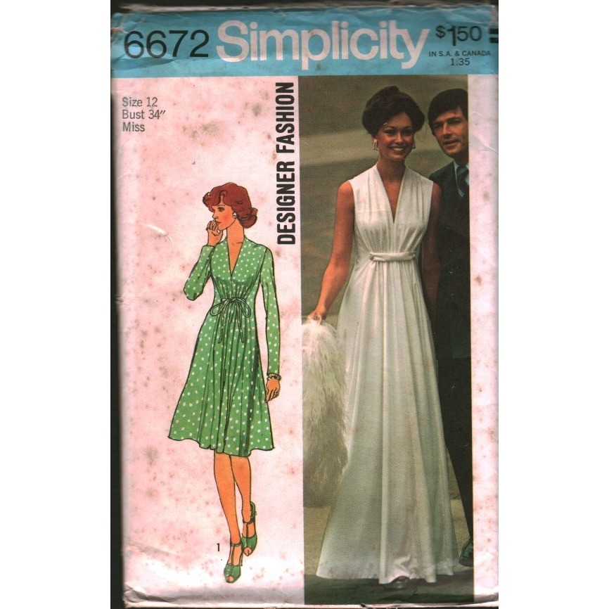 Vintage 1974 Simplicity 6672 Sewing Pattern Misses Dress V-Neck Maxi Size 12 Vintage 1974 Simplicity 6672 Sewing Pattern Misses Dress V-Neck Maxi Size 12