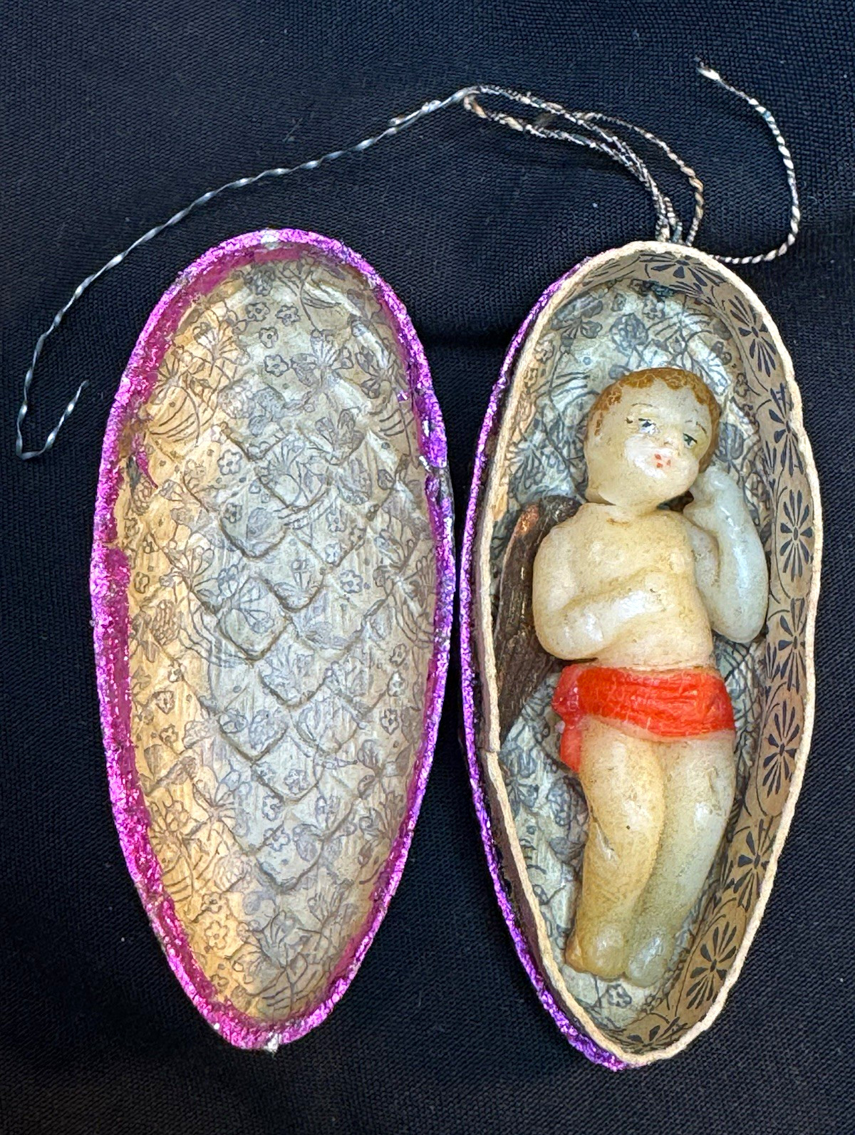 Antique German Dresden Cardboard Pinecone Ornament Candy Container w/ Wax Angel Antique German Dresden Cardboard Pinecone Ornament Candy Container w/ Wax Angel