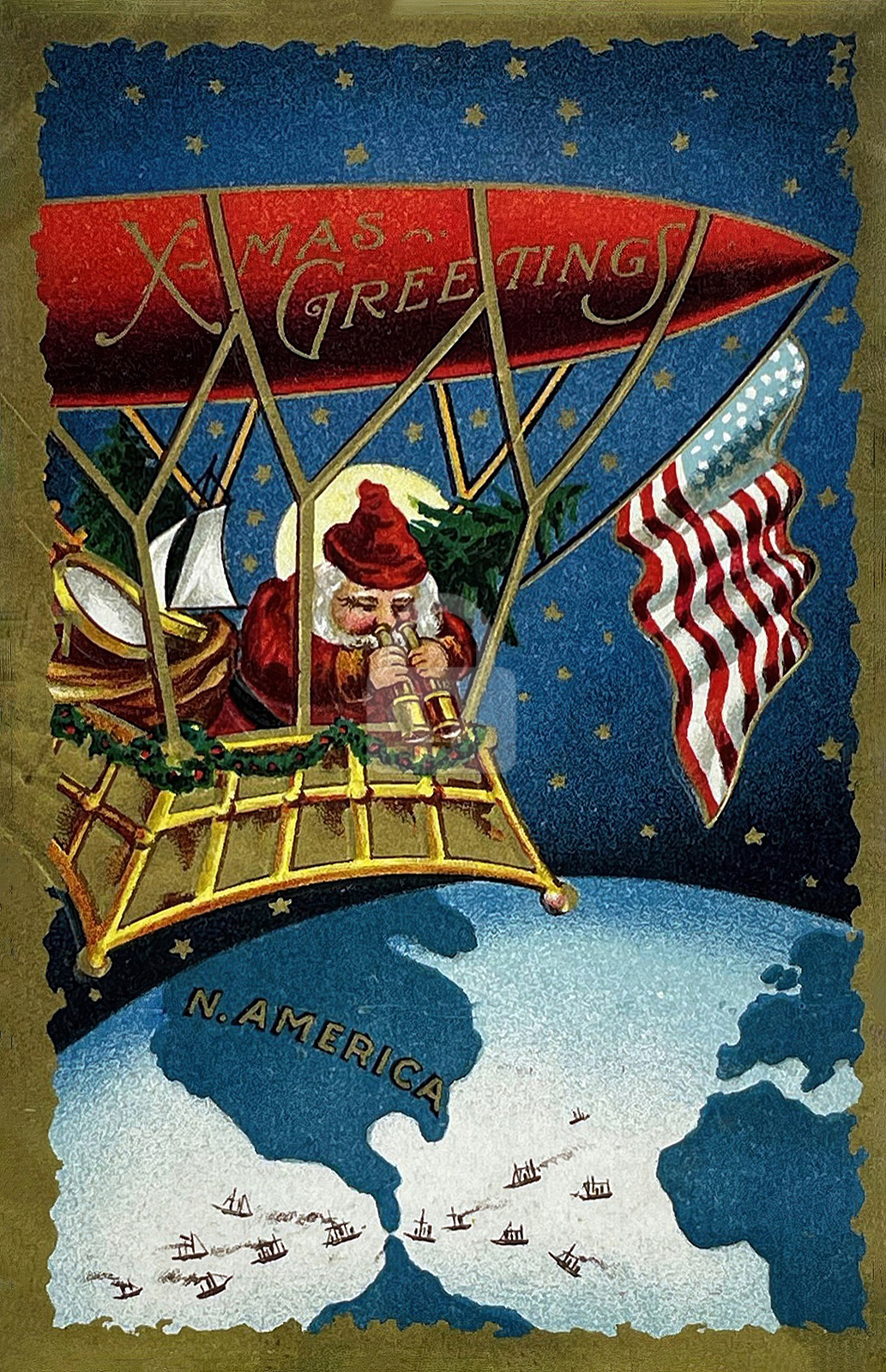 Santa Claus Looking Through Binoculars in a Dirigible c. 1910 Art Postcard COPY Santa Claus Looking Through Binoculars in a Dirigible c. 1910 Art Postcard COPY