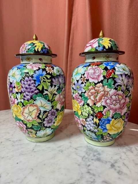A Pair of Beautiful  Vintage Oriental Enamelware Vases 12.5" tall