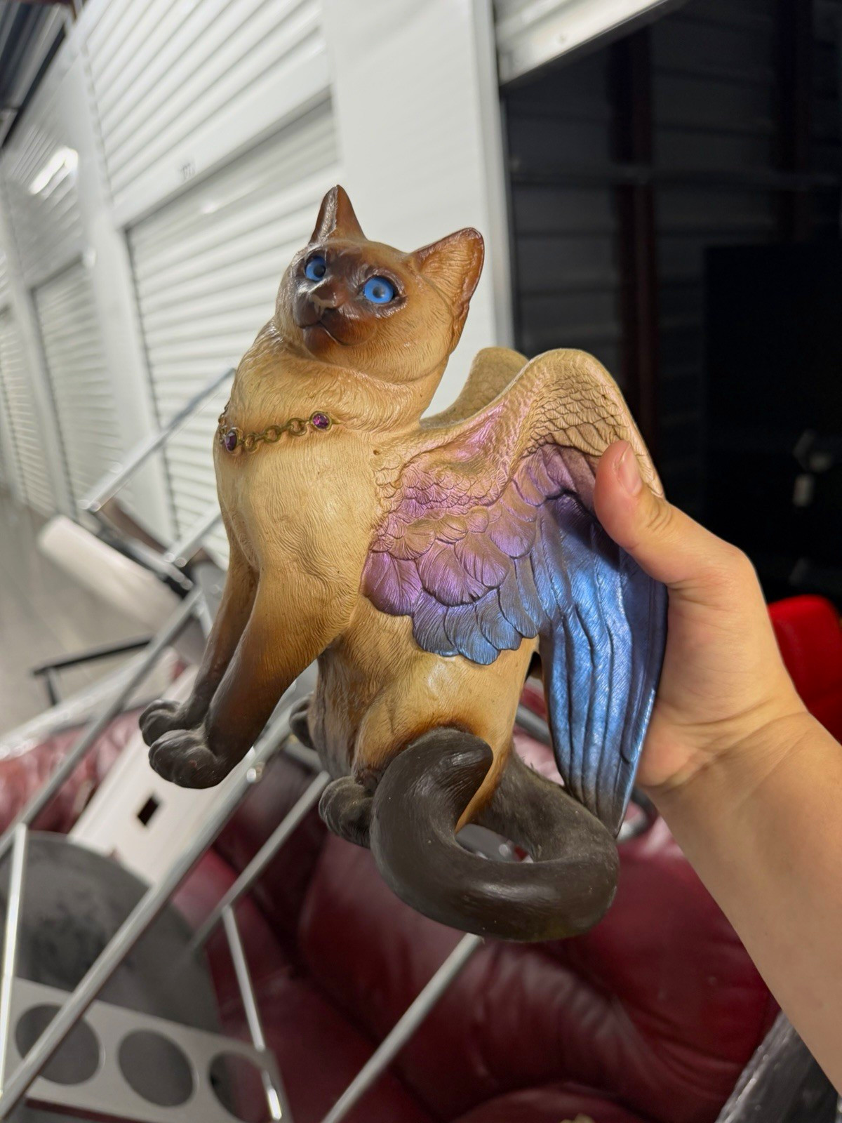 Resin Winged Cat Figurine, Painted Brown Blue Purple, 3D Effect Resin Winged Cat Figurine, Painted Brown Blue Purple, 3D Effect