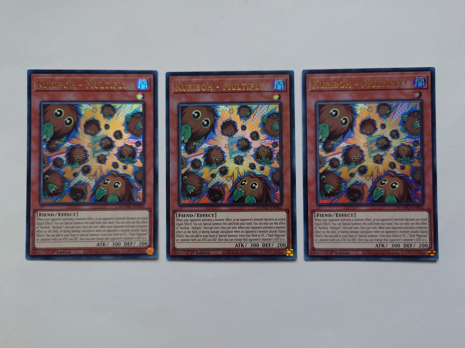 KURIBOH - MULTIPLY x3 PLAYSET MAMO-EN002 ULTRA RARE 1st Ed YUGIOH *NEW & MINT* KURIBOH - MULTIPLY x3 PLAYSET MAMO-EN002 ULTRA RARE 1st Ed YUGIOH *NEW & MINT*