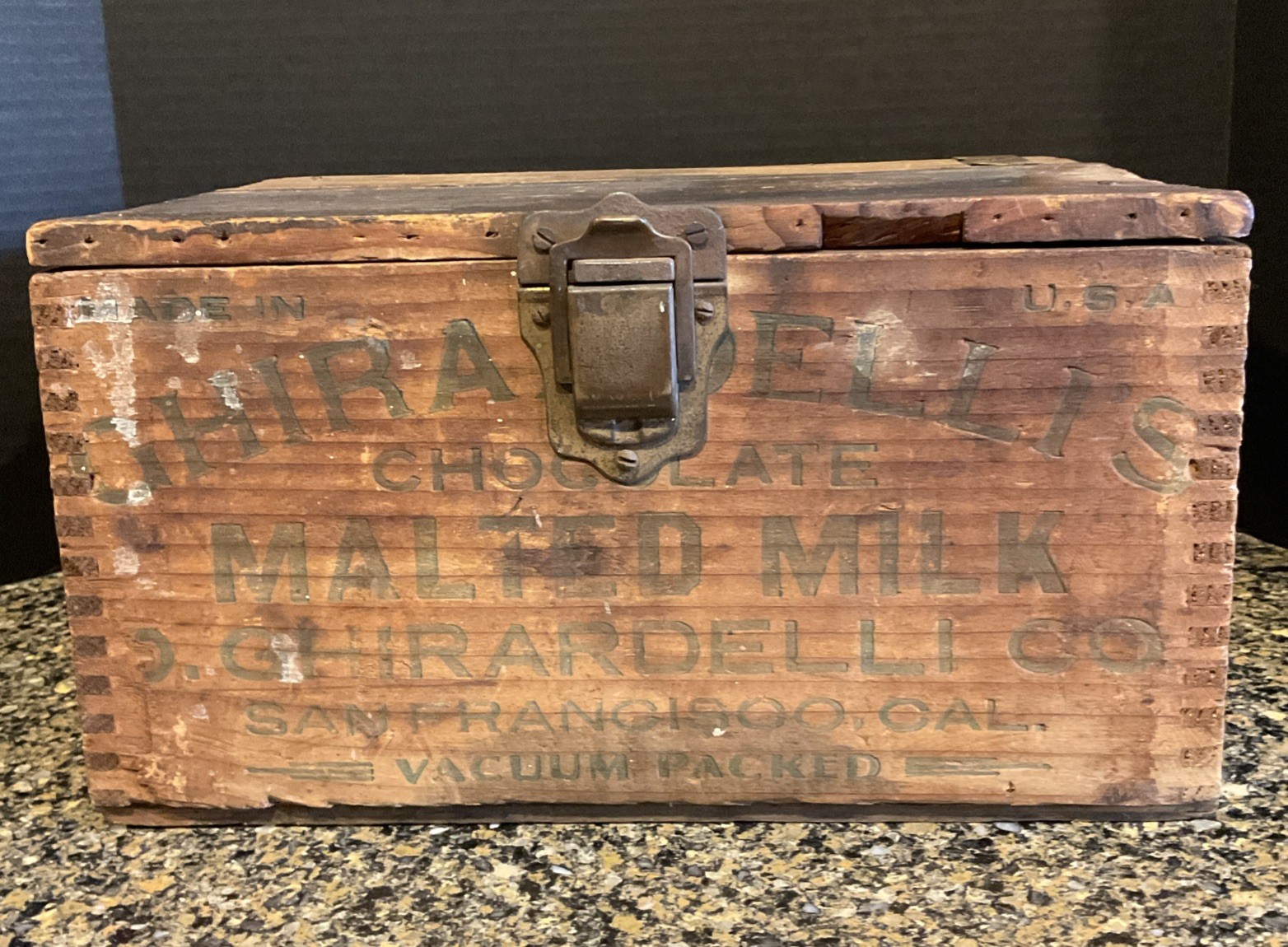 Antique Ghirardelli Chocolate Malted Milk San Francisco Hinged Wood Box READ