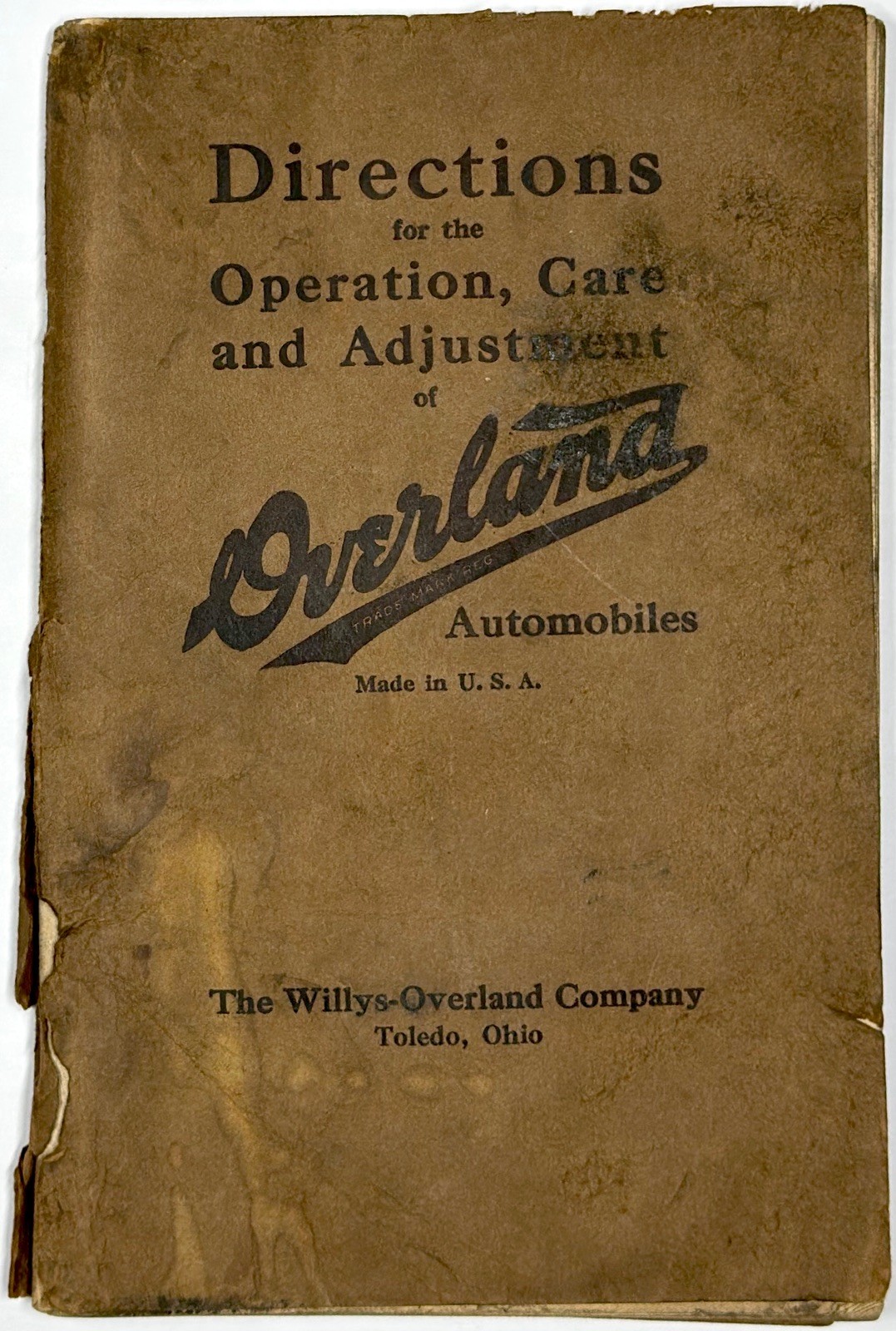 1915 OVERLAND AUTOMOBILES WILLYS OPERATION CARE ADJUSTMENT MANUAL FOLDOUT CHART