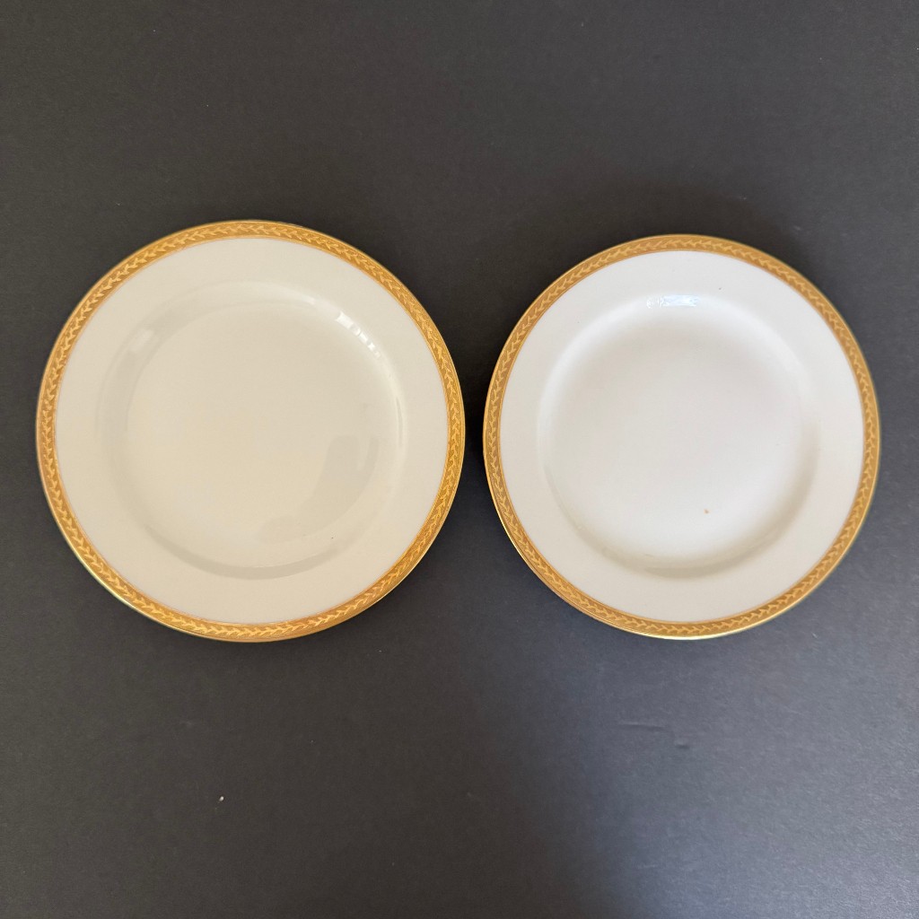 Vignaud Limoges France Set of 2 Bread & Butter Plates Gold Laurel Encrusted Rim Vignaud Limoges France Set of 2 Bread & Butter Plates Gold Laurel Encrusted Rim