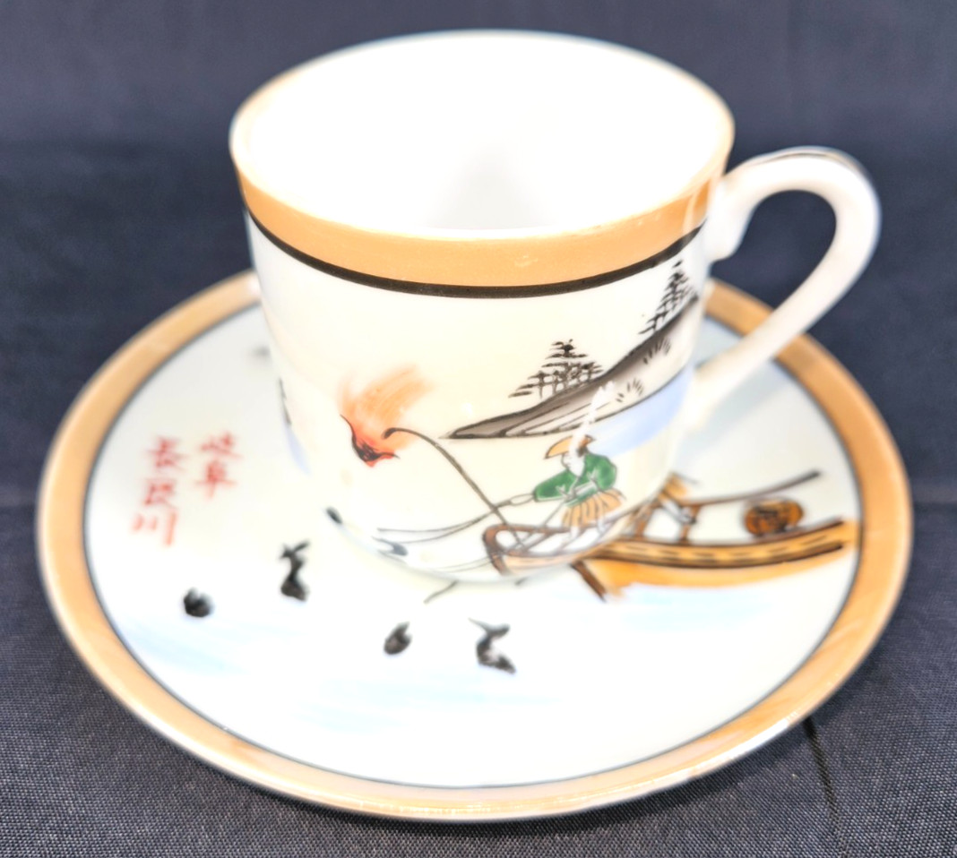 Japanese Porcelain Demitasse Cup & Saucer W/A Scene Fishing For Cormorants Japanese Porcelain Demitasse Cup & Saucer W/A Scene Fishing For Cormorants