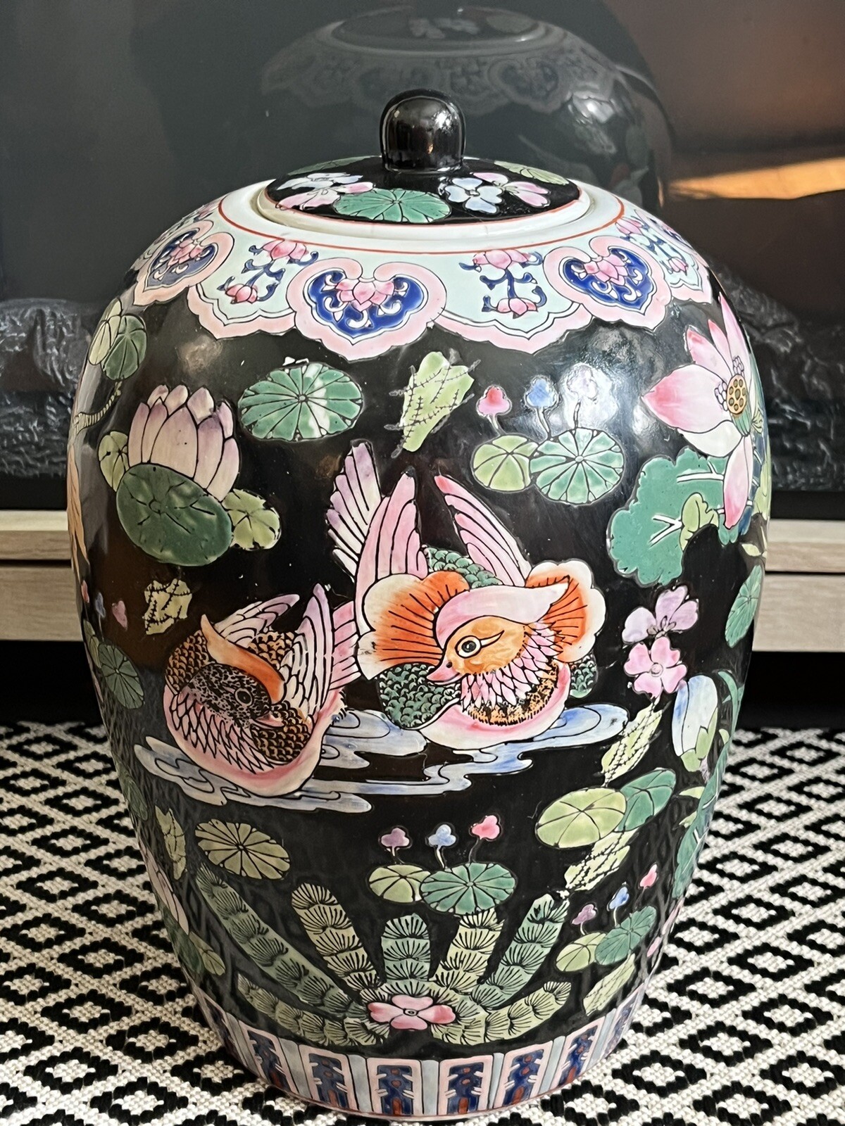 Early 20th Century Chinese Famille Noire Porcelain Ovoid Ginger Jar with Lid