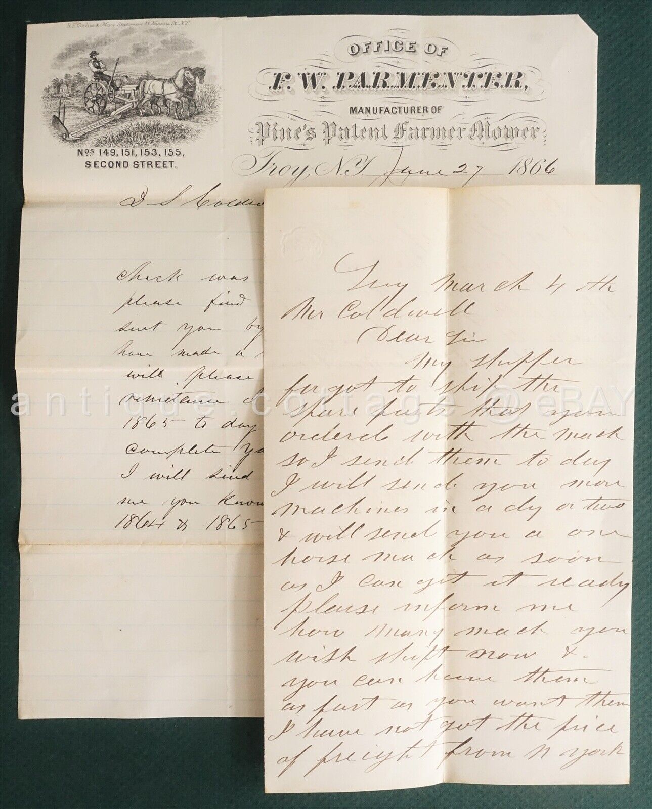 LOT 1866 antique F.W.PARMENTER mfg PINES PATENT FARMER MOWER letterhead handwrit