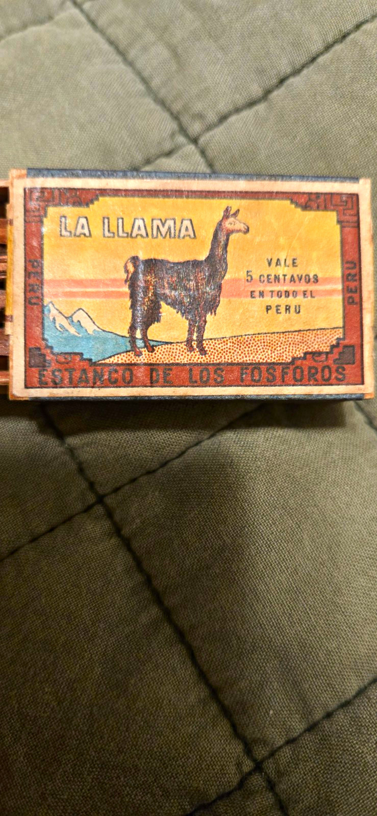Vintage LA LLAMA Peru 5 Centavos Matchbox w/ Wooden Matches Unusual Variation Vintage LA LLAMA Peru 5 Centavos Matchbox w/ Wooden Matches Unusual Variation