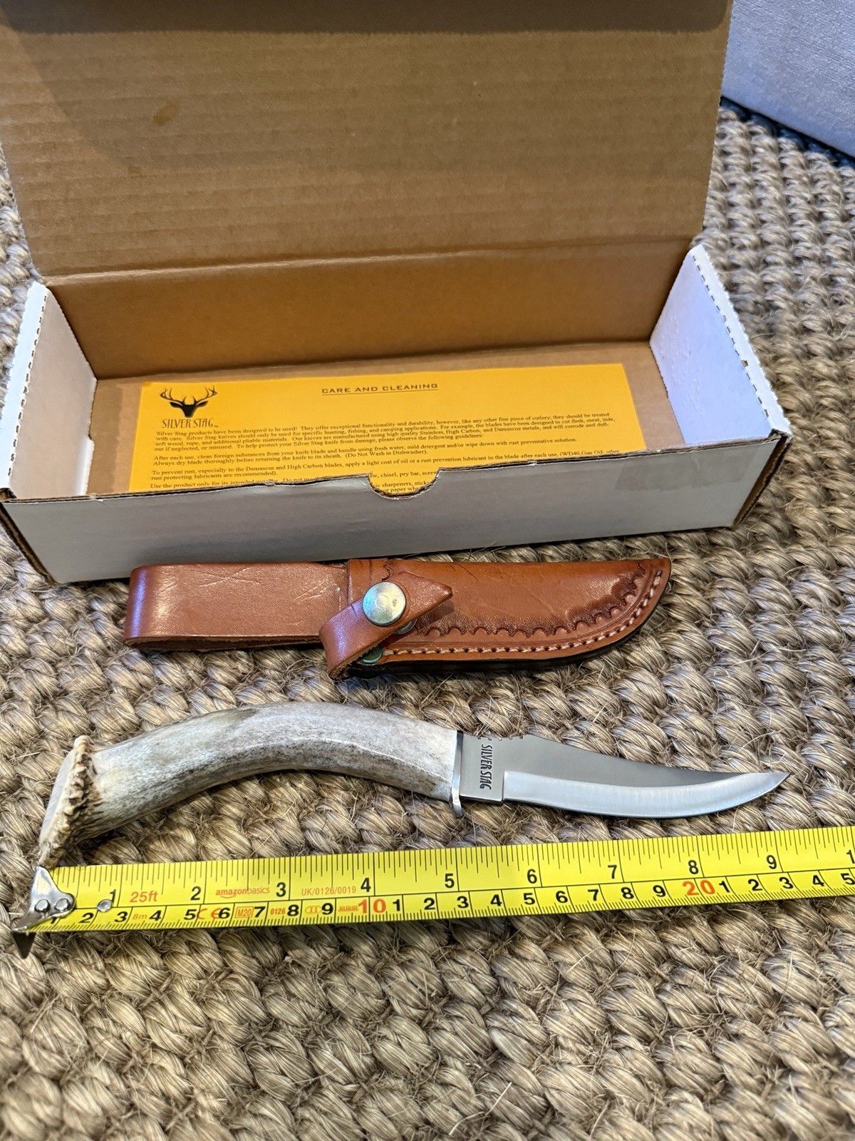 SILVER STAG Hunting Knife Deer Skinner Antler Handle Leather Sheath Handmade