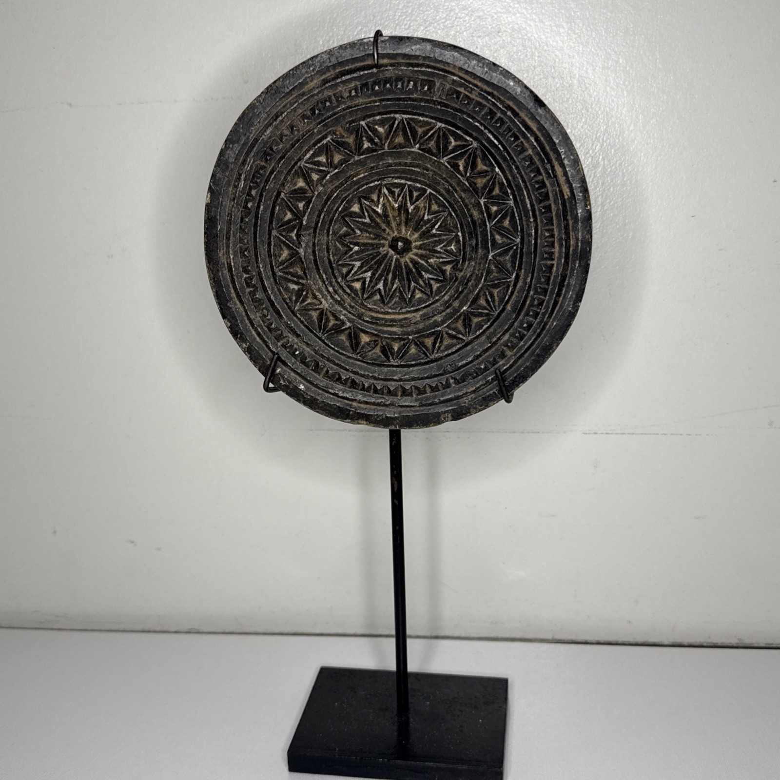 Antique Hand Carved Black Stone Disc Sculpture 6.5" Fine Estate Folk Art Stand Antique Hand Carved Black Stone Disc Sculpture 6.5" Fine Estate Folk Art Stand