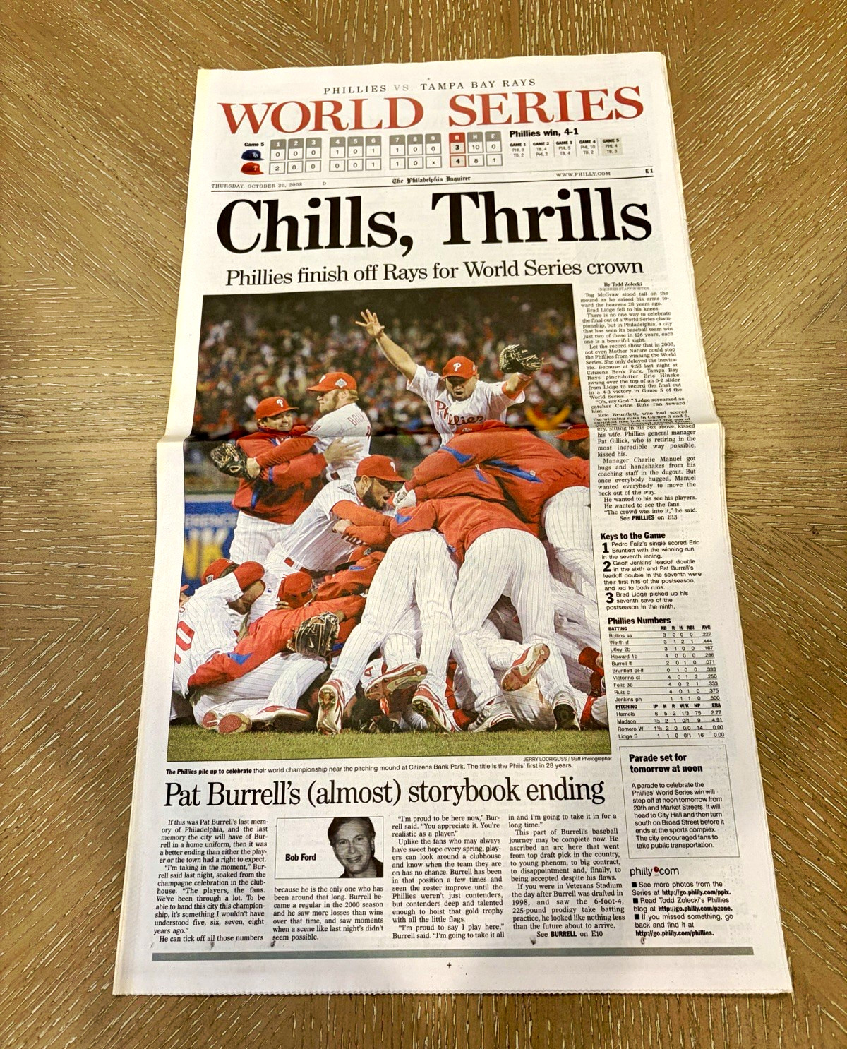 2008 Phillies World Series Phila. Inquirer 10/30/08 Chills Thrills Newspaper 2008 Phillies World Series Phila. Inquirer 10/30/08 Chills Thrills Newspaper