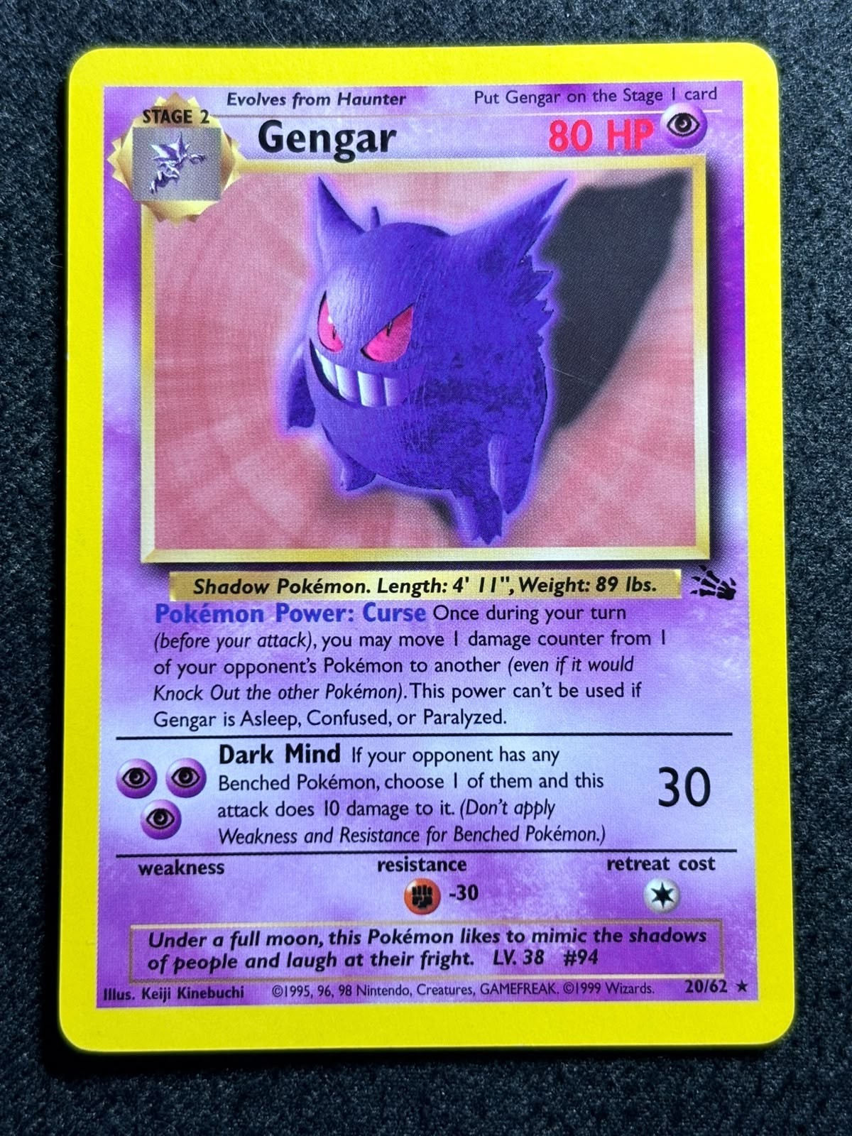 Gengar 20/62 Pokemon Card 1999 Fossil Set Vintage WOTC Non Holo Rare VLP