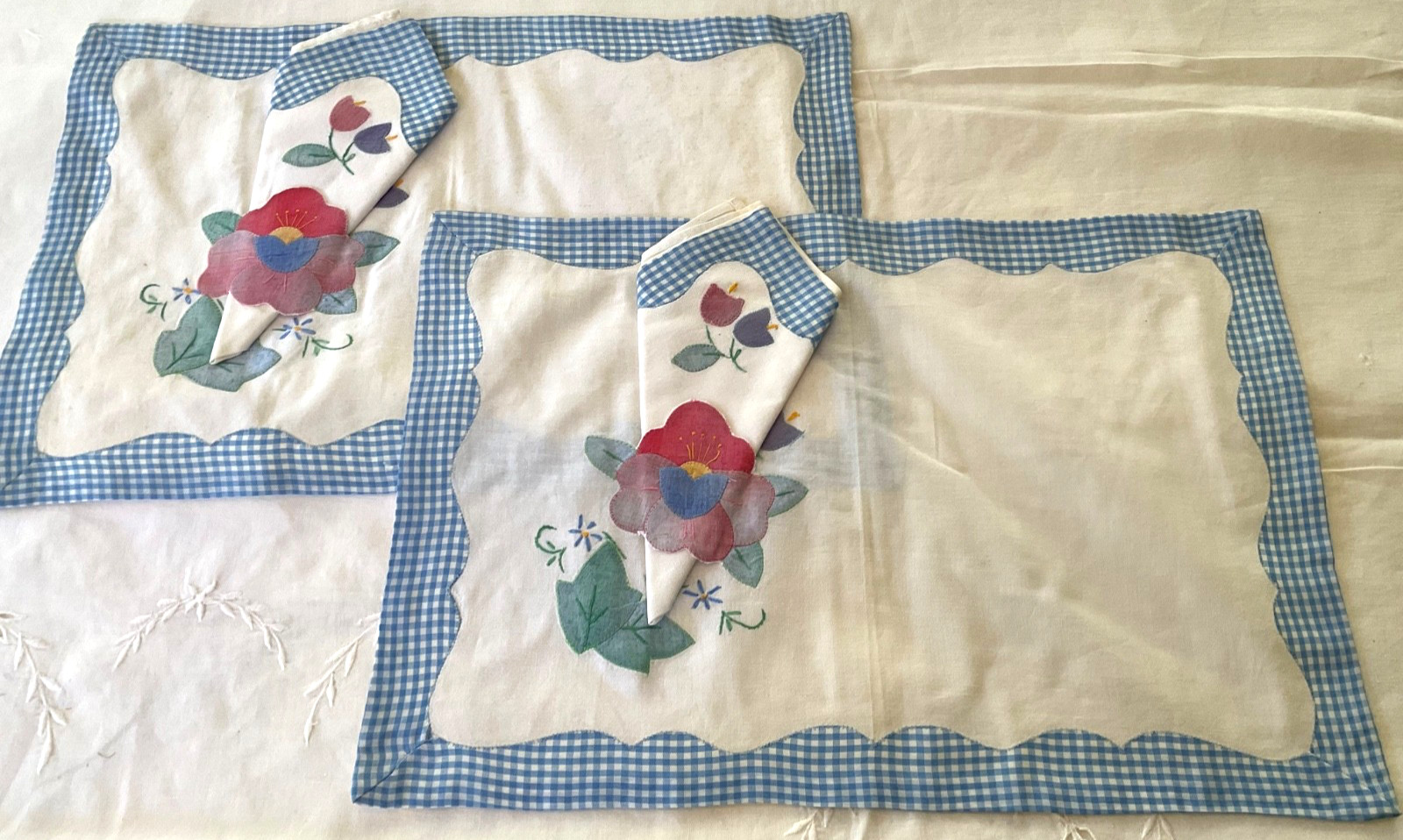 8 Pc Set VTG Placemats Napkins Hand Embroidered In Blue Cutwork Flowers New 8 Pc Set VTG Placemats Napkins Hand Embroidered In Blue Cutwork Flowers New