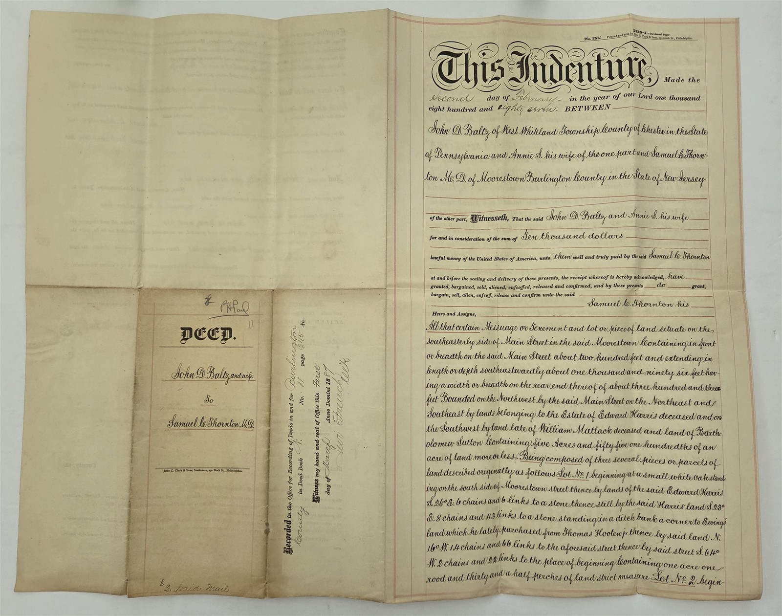 1887 antique JOHN D BALTZ west whiteland pa DEED SAMUEL L THORNTON moorestown nj 1887 antique JOHN D BALTZ west whiteland pa DEED SAMUEL L THORNTON moorestown nj