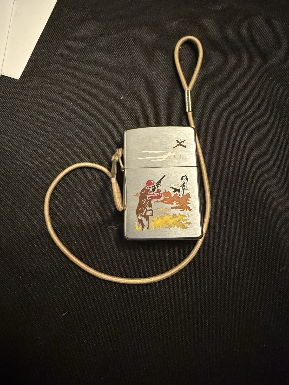 Vintage 1959 Zippo Lossproof Lighter Hunter & Dog Hunting Scene With Lanyard Vintage 1959 Zippo Lossproof Lighter Hunter & Dog Hunting Scene With Lanyard