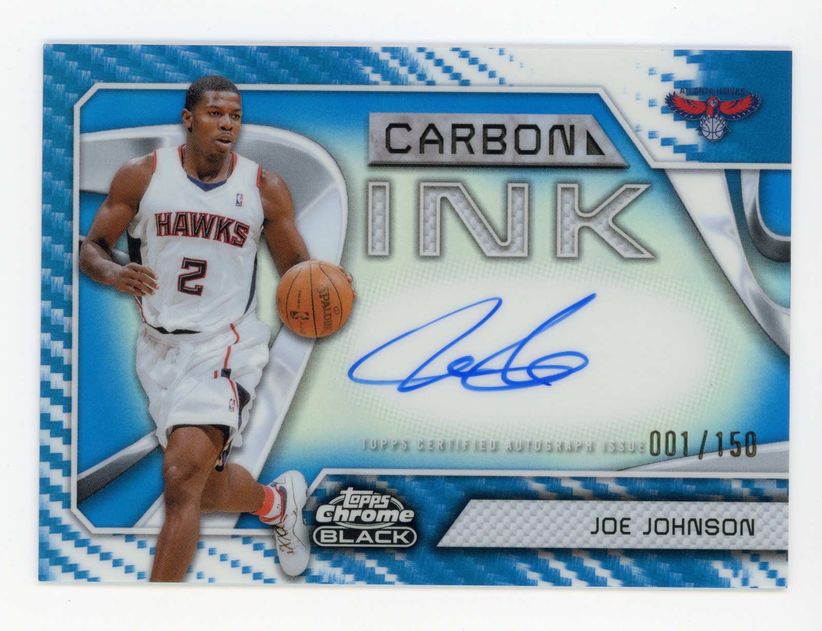 2025-26 Topps Chrome Black Joe Johnson Carbon Ink Blue Refractor /150 Auto Hawks