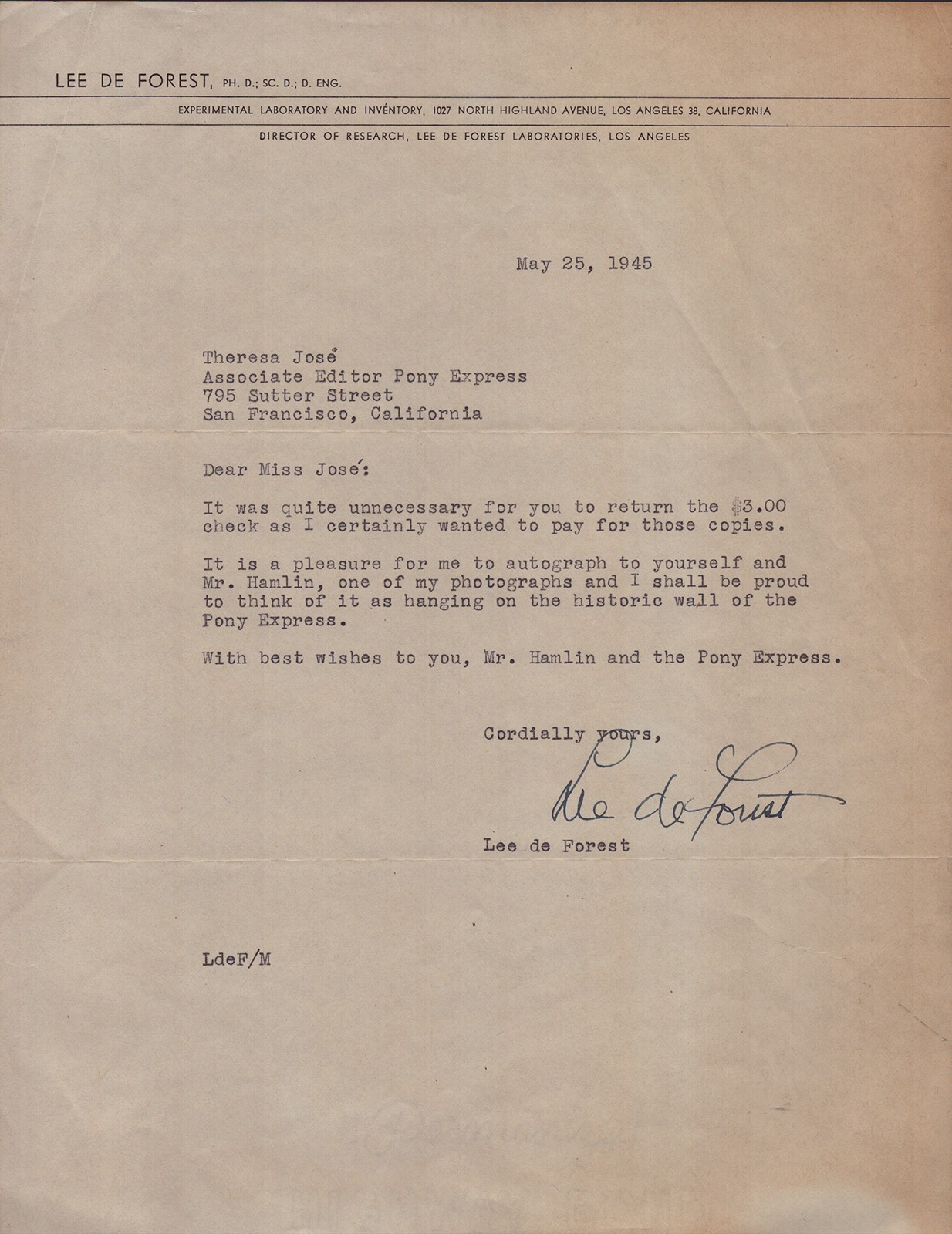 LEE DE FOREST - TYPED LETTER SIGNED 05/25/1945 LEE DE FOREST - TYPED LETTER SIGNED 05/25/1945