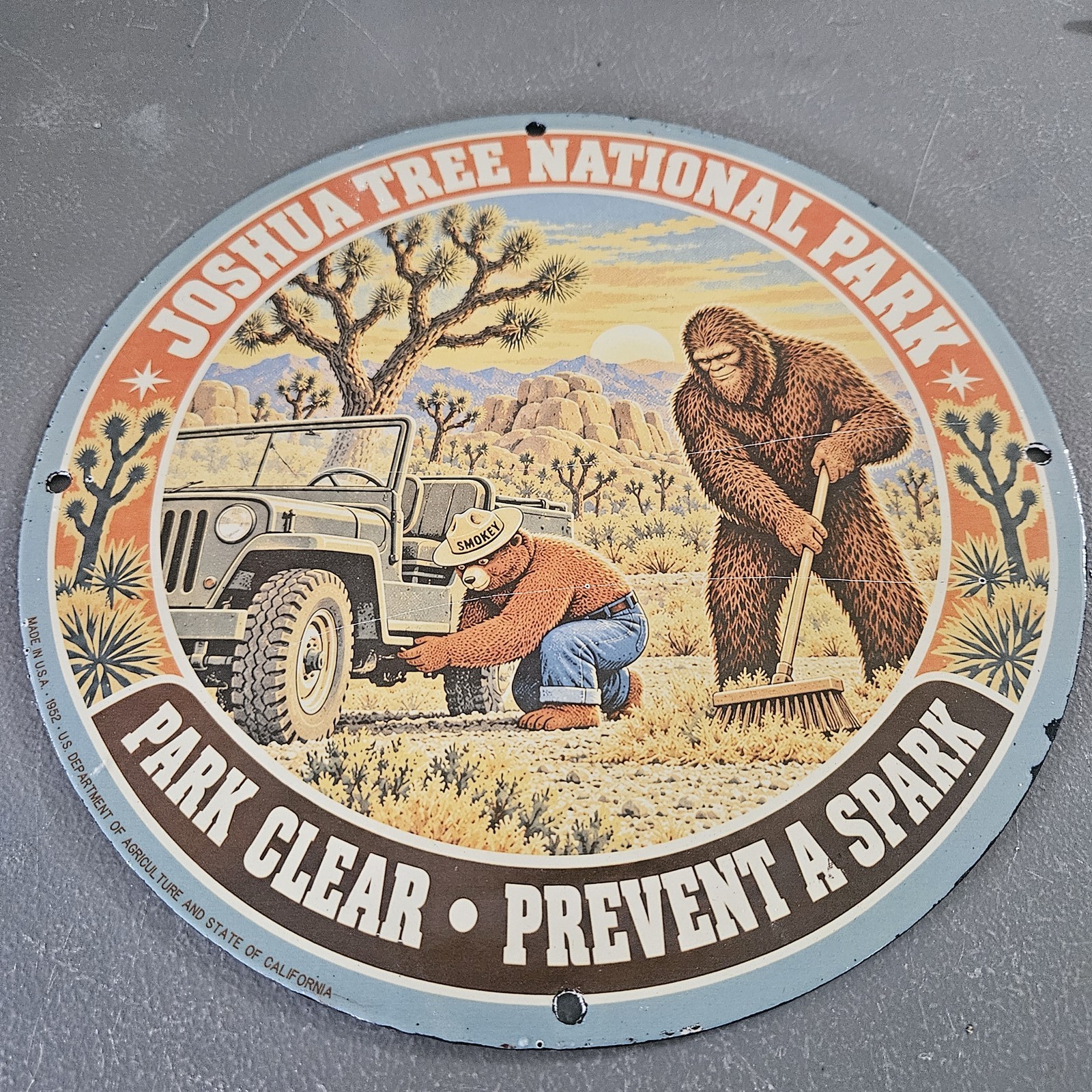 VINTAGE 1952 JOSHUA TREE NATIONAL PARK 12" PORCELAIN SIGN SMOKEY BIGFOOT JEEP