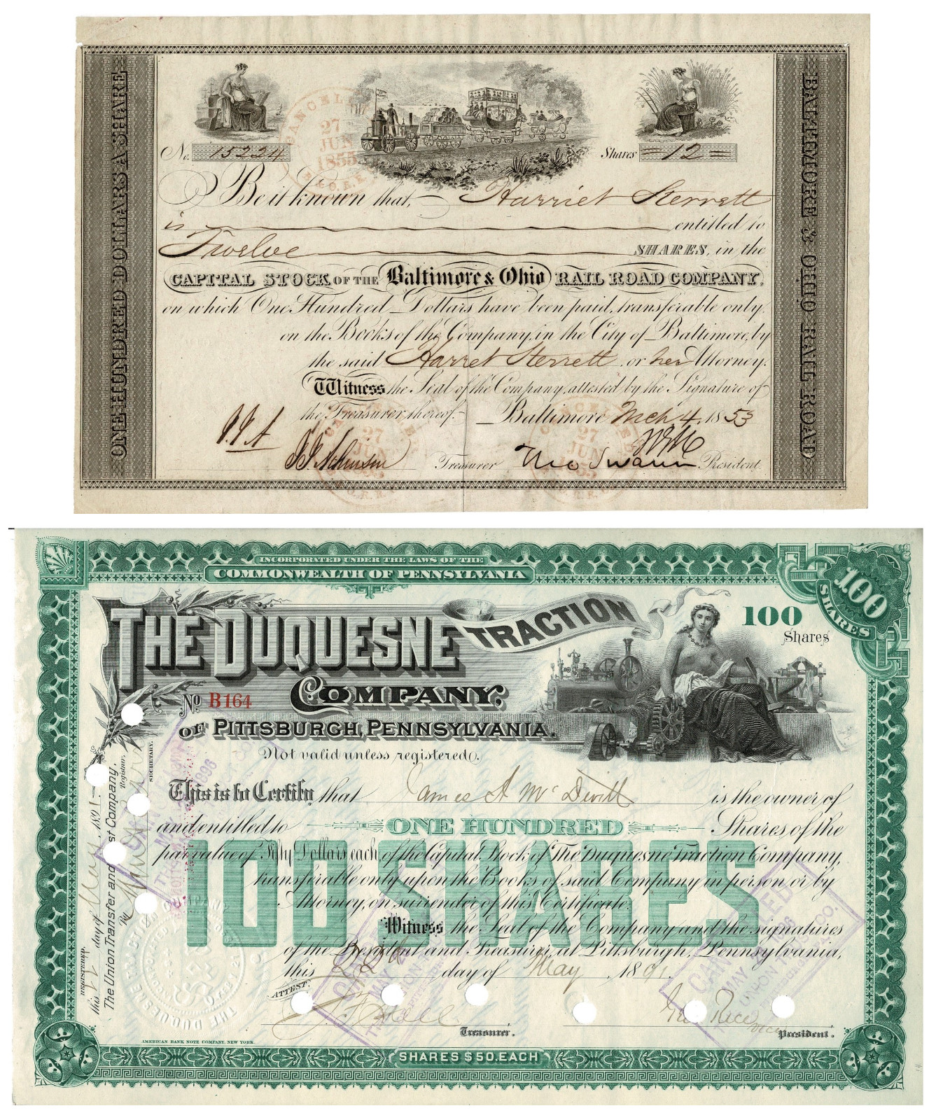 2 Stocks Certificates Baltimore and Ohio RR, Swann signed, and Duquesne Traction