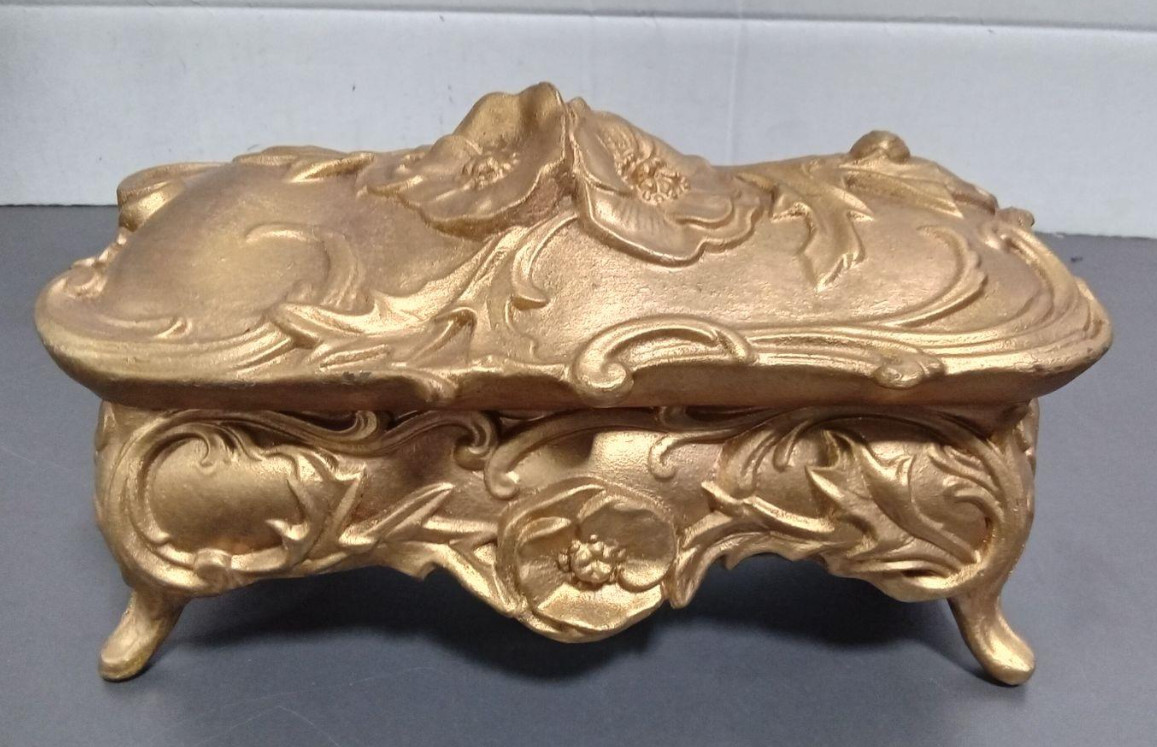 Antique  Art Nouveau Jewelry Casket Box Poppy Flower N.B. Rogers Gold Tone