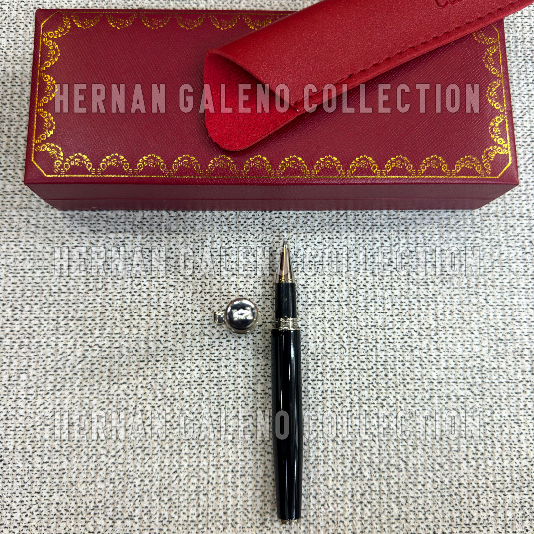 CARTIER Santos Signature Black Lacquer Ballpoint Pen Silver Trim Logo Luxury CARTIER Santos Signature Black Lacquer Ballpoint Pen Silver Trim Logo Luxury