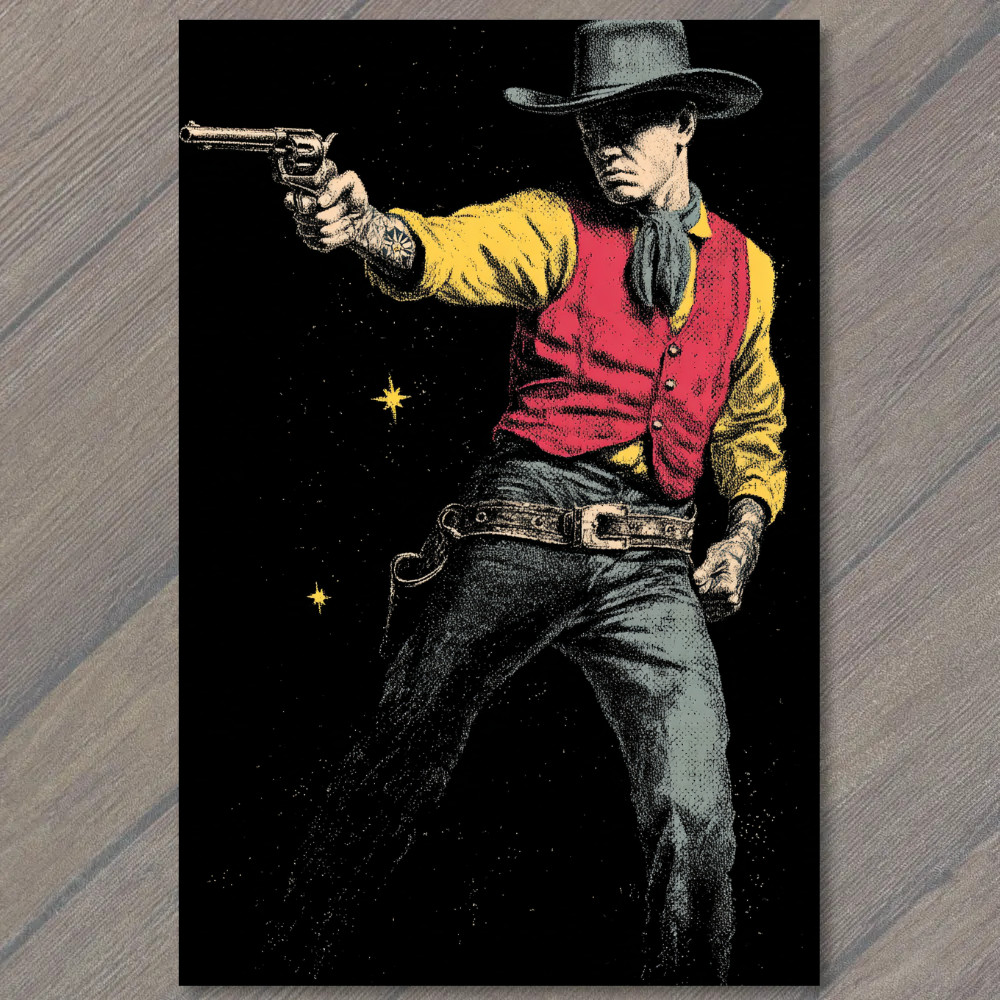 POSTCARD Western Cowboy Revolver Black Red Yellow Graphic POSTCARD Western Cowboy Revolver Black Red Yellow Graphic