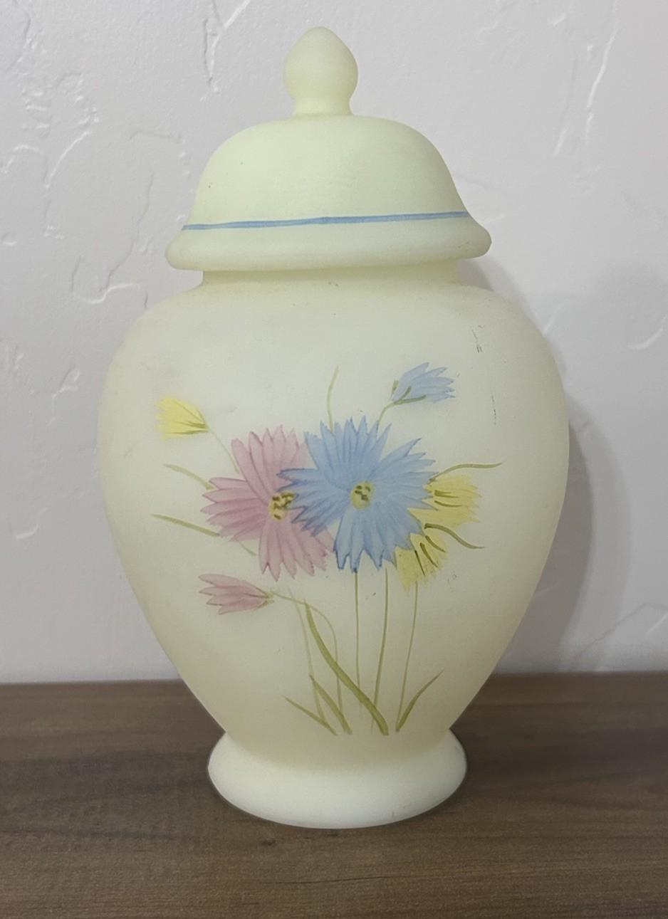 Vintage Fenton Frosted Vaseline Glass Covered Jar Hand Painted By D.HILL Vintage Fenton Frosted Vaseline Glass Covered Jar Hand Painted By D.HILL