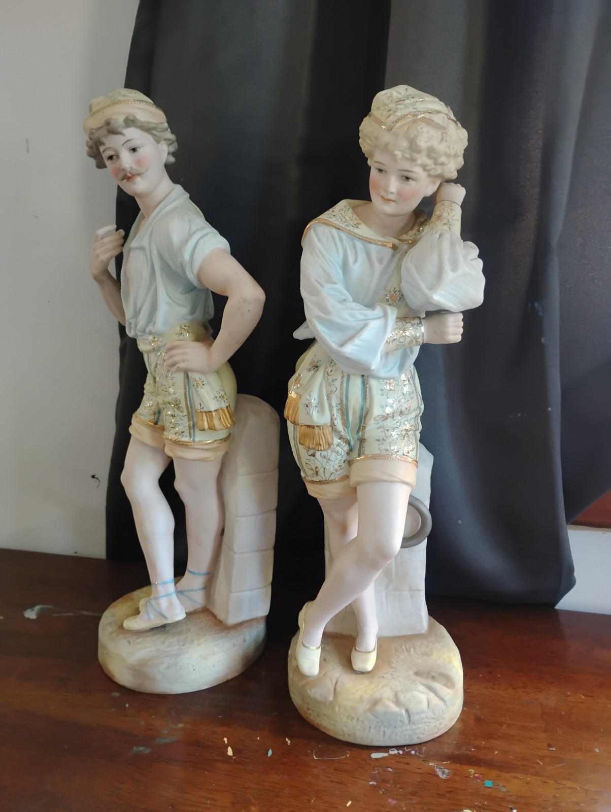 Large Antique French Pair Bisque Figurines Approx 16" Tall Fence Leaners Large Antique French Pair Bisque Figurines Approx 16" Tall Fence Leaners