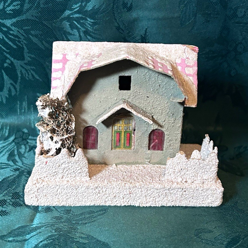 Vintage Christmas Village Putz House Green with Pink Shingle Roof Japan