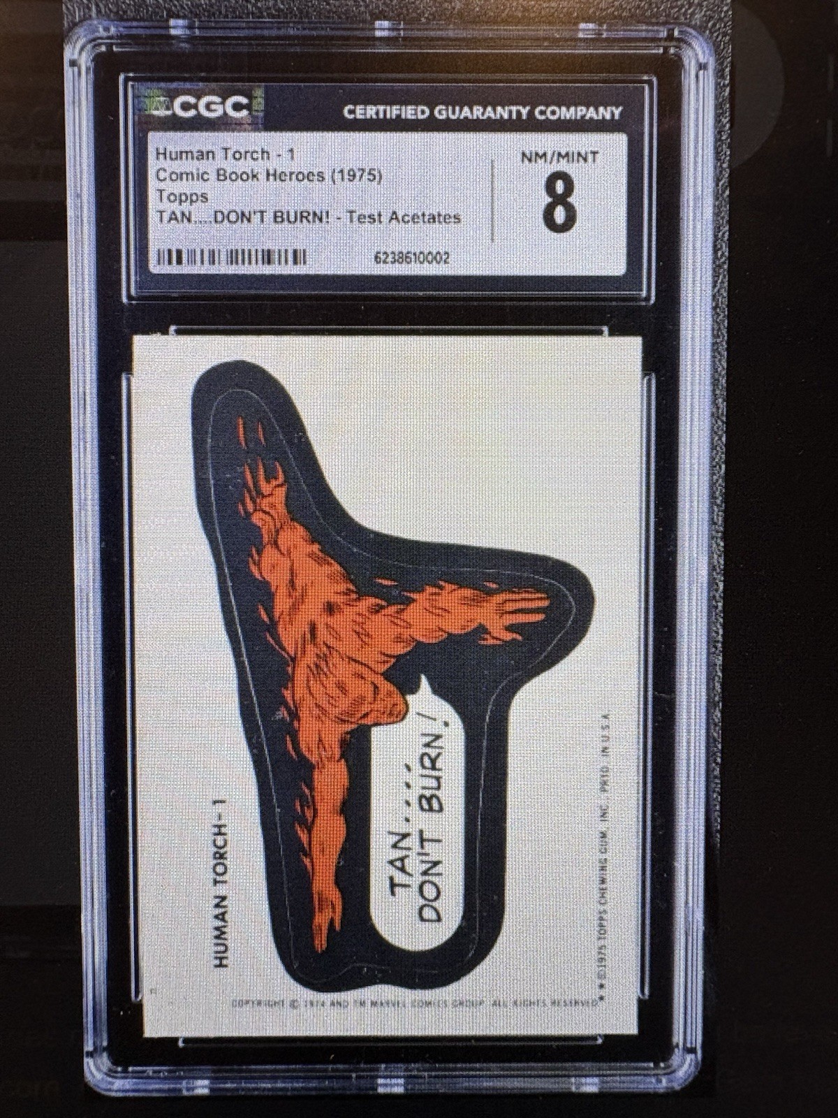 1975 Topps Marvel Comic Book Heroes Set Human Torch TEST ACETATES Sticker CGC 8 1975 Topps Marvel Comic Book Heroes Set Human Torch TEST ACETATES Sticker CGC 8