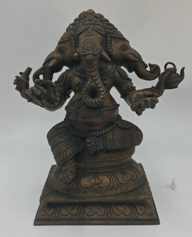 Exotic Lord Ganesha Bronze Statue Indian Art 9" Three Headed Sitting