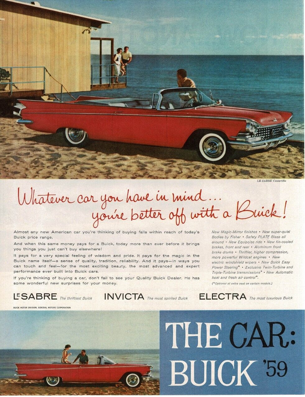 1959 BUICK Le Sabre Red Convertible on the Beach at Sunset Vintage Print Ad 1959 BUICK Le Sabre Red Convertible on the Beach at Sunset Vintage Print Ad