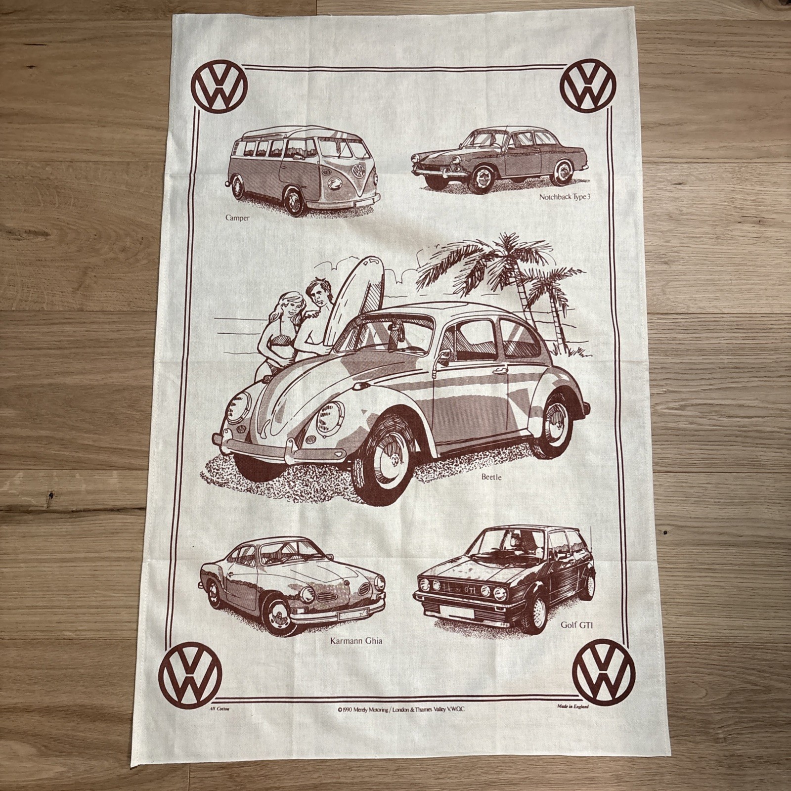 RARE VINTAGE 1990 VOLKSWAGEN "MERELY MOTORING" TEA TOWEL – MADE IN ENGLAND RARE VINTAGE 1990 VOLKSWAGEN "MERELY MOTORING" TEA TOWEL – MADE IN ENGLAND