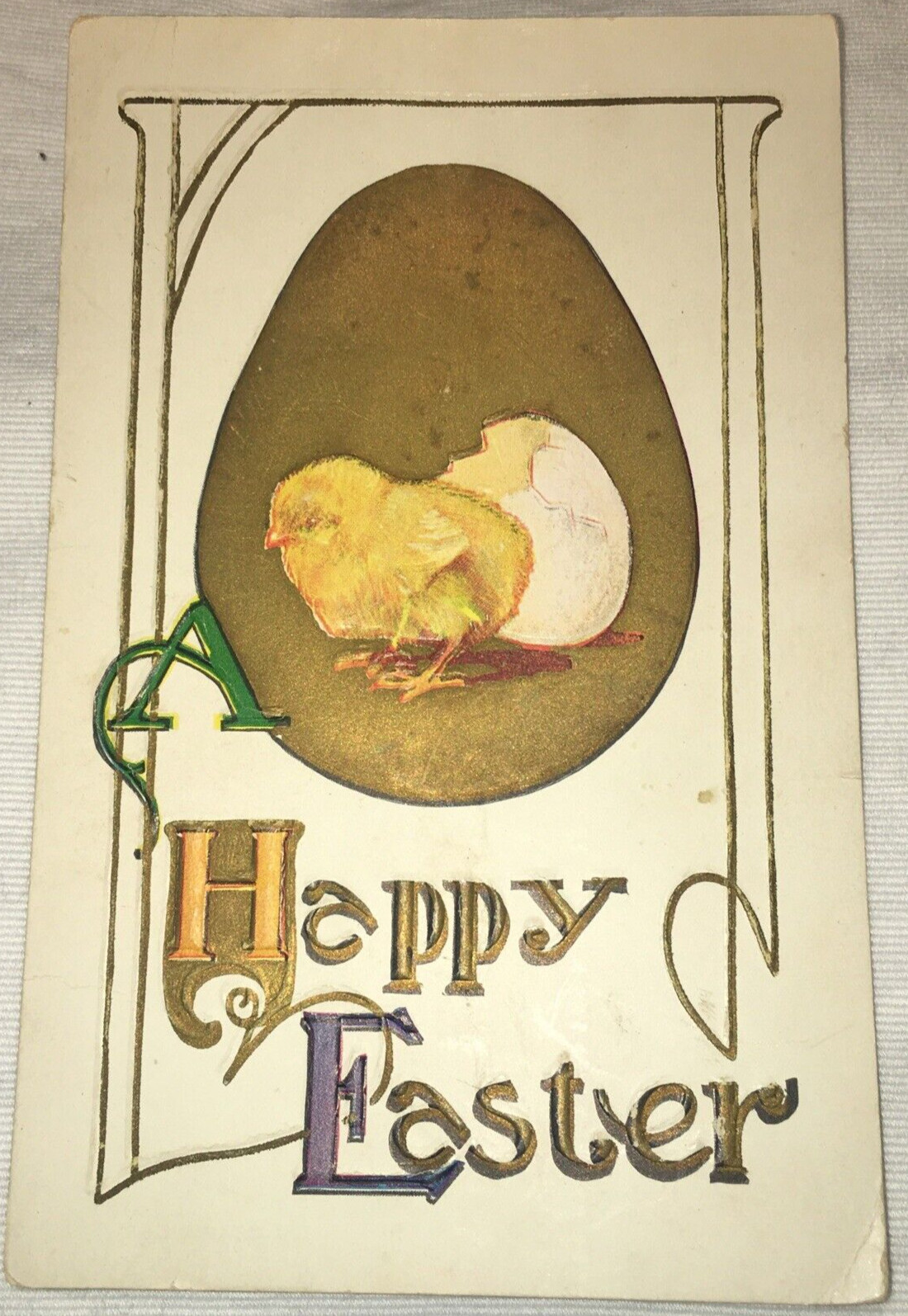 Vintage Happy Easter Postcard Deco Golden Egg Chick USA Vintage Happy Easter Postcard Deco Golden Egg Chick USA