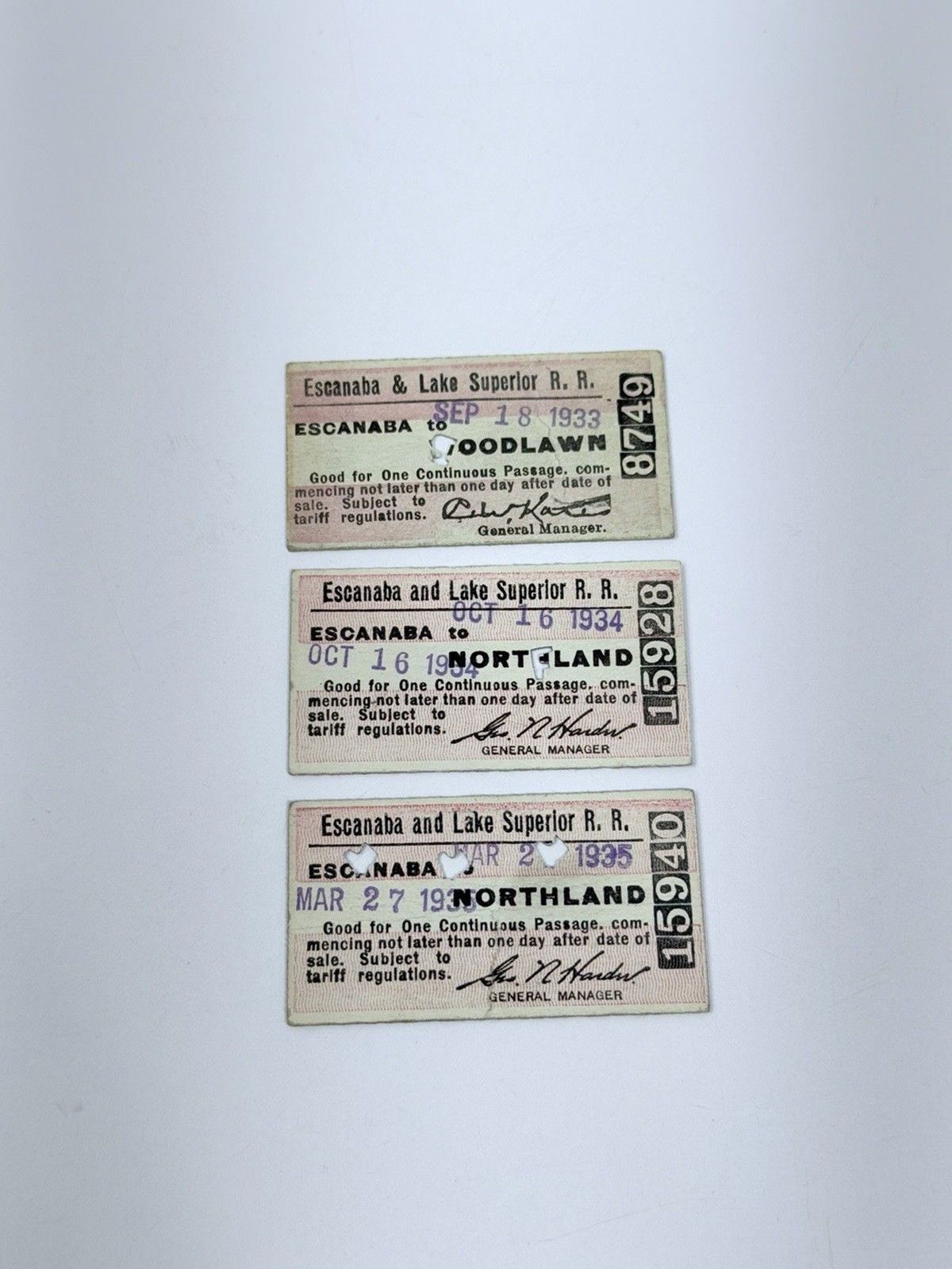 Vintage Train Tickets 1933 1934 35 Escanaba And Lake Superior Railroad Lot of 3 Vintage Train Tickets 1933 1934 35 Escanaba And Lake Superior Railroad Lot of 3