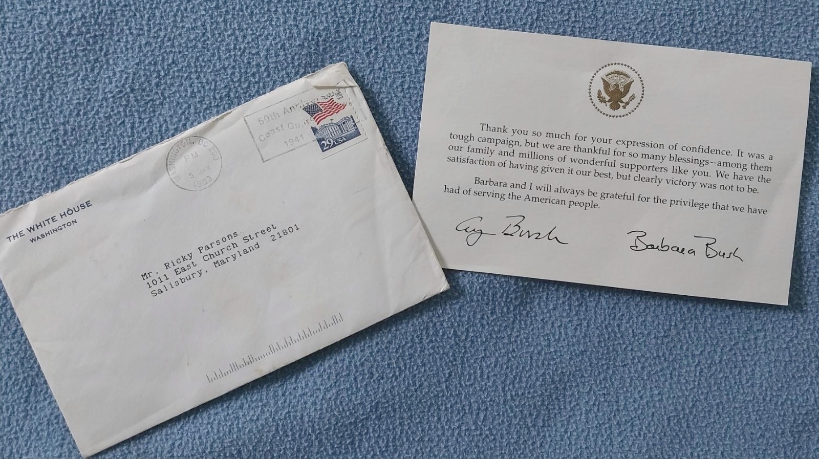 1993 Original George HW Bush post-losing-election card thanking supporter 1993 Original George HW Bush post-losing-election card thanking supporter
