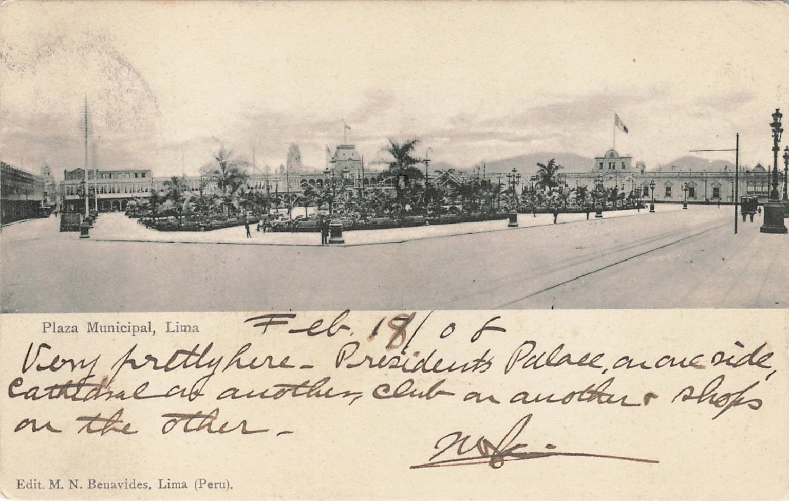 1907 Lima Peru Plaza Municipal President's Palace Cathedral Posted RPPC Postcard