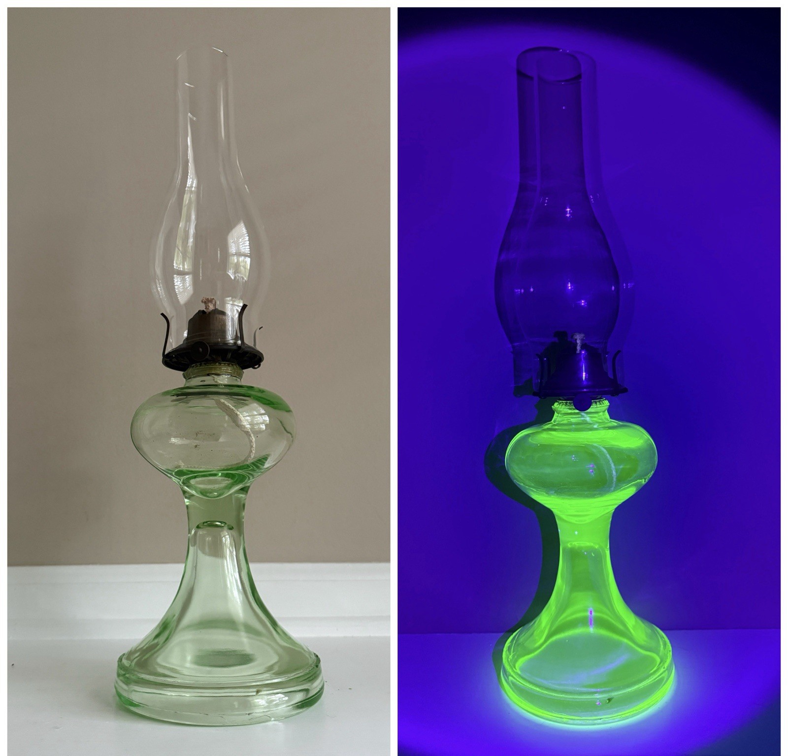 Antique Early 1900’s Uranium Glass Pedestal Oil Lamp 19.75”Tall