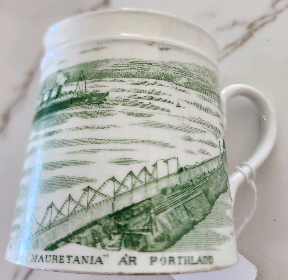 1909 Cunard RMS Mauretania Commemorative Mug Fishguard Harbour Welsh E. Hughes 1909 Cunard RMS Mauretania Commemorative Mug Fishguard Harbour Welsh E. Hughes