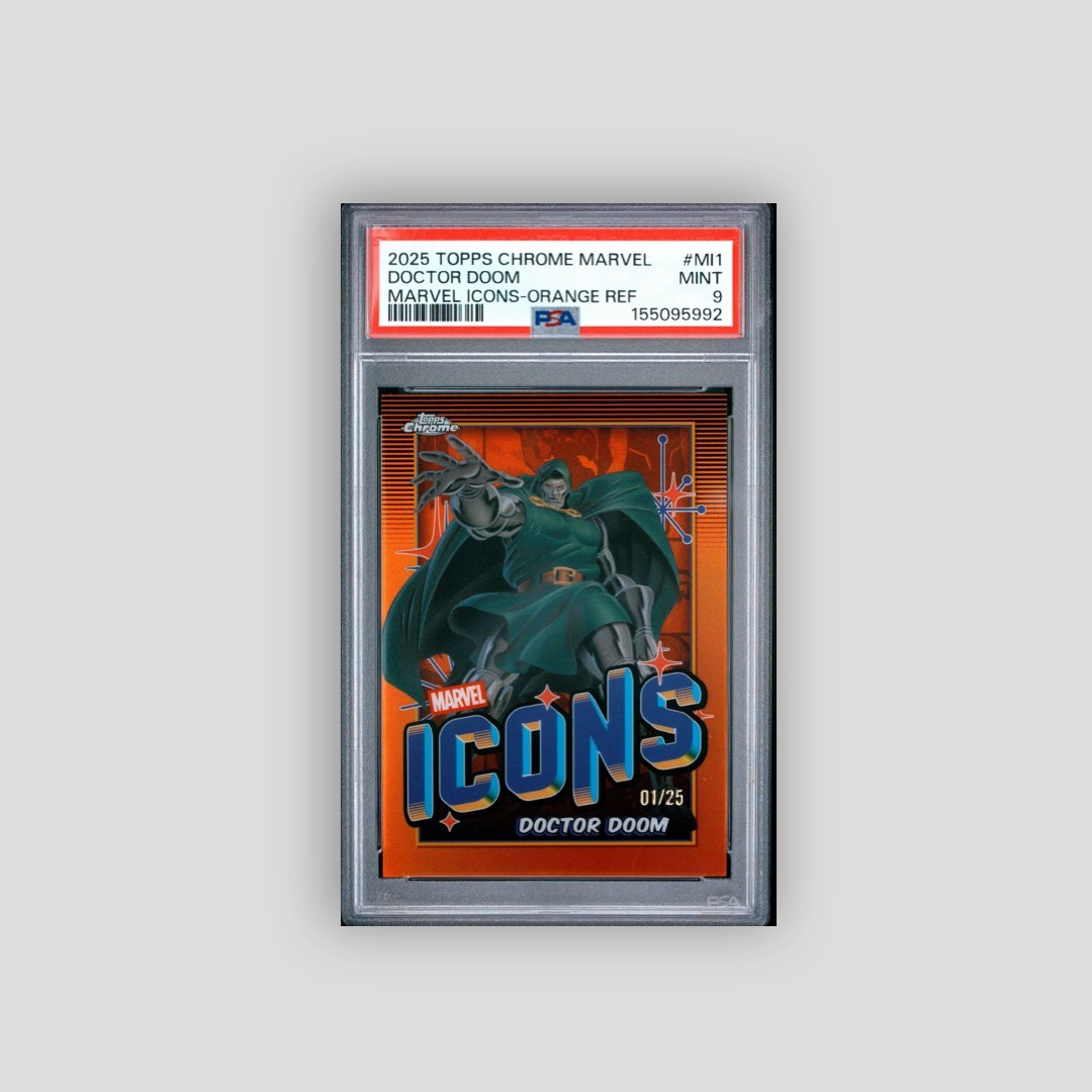 Doctor Doom  2025 Topps Chrome Marvel Icons Orange Refractor /25 PSA 9 (pop 1)