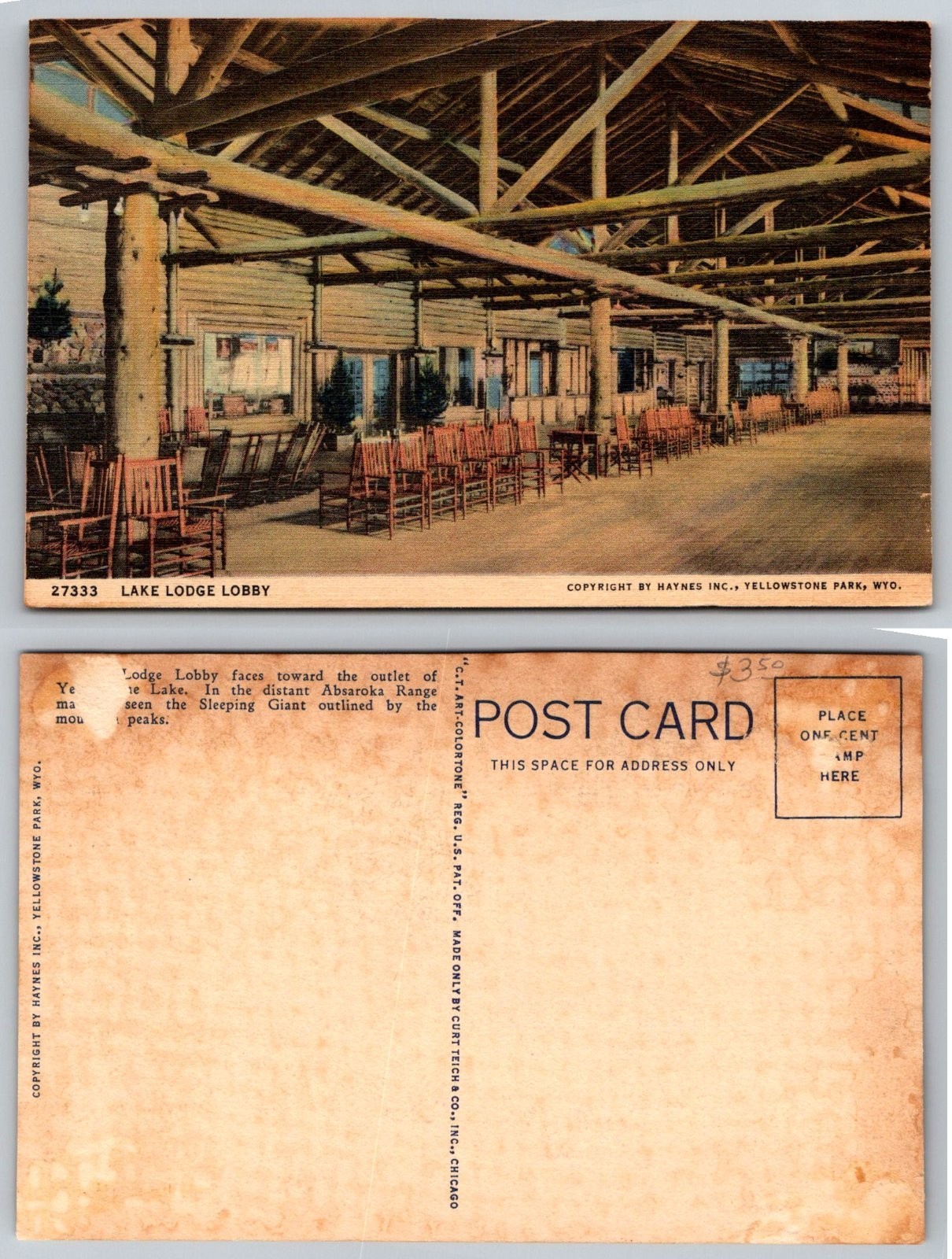 Standard Lake Lodge Lobby Yellowstone Park Wyoming Postcard Standard Lake Lodge Lobby Yellowstone Park Wyoming Postcard