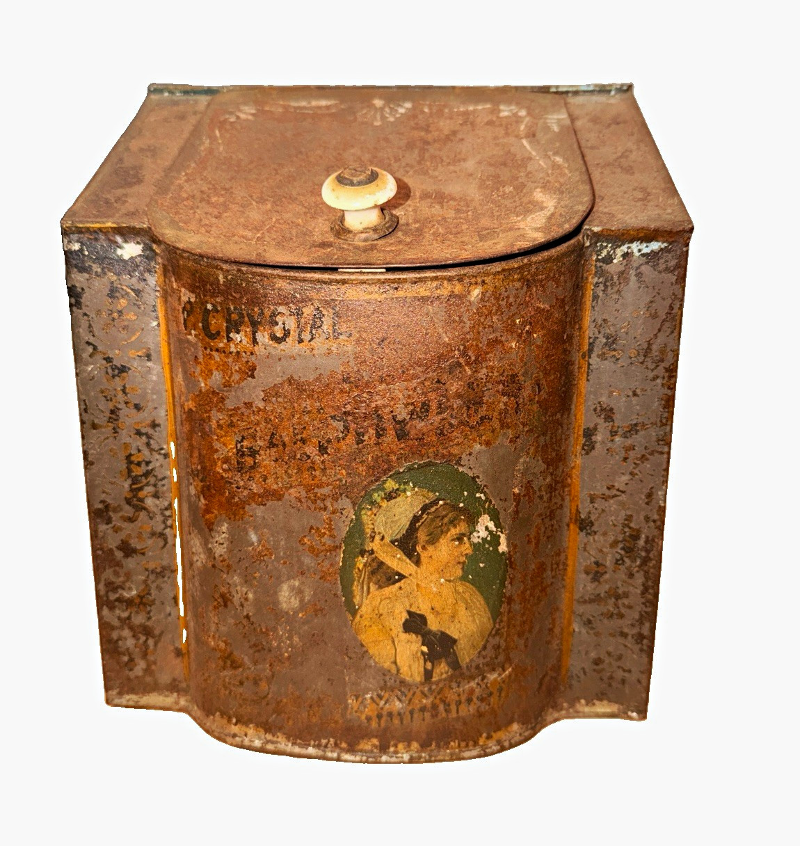 Late 1800’s or Early 1900’s Tin Toleware Storage Container Antique woman graphic Late 1800’s or Early 1900’s Tin Toleware Storage Container Antique woman graphic