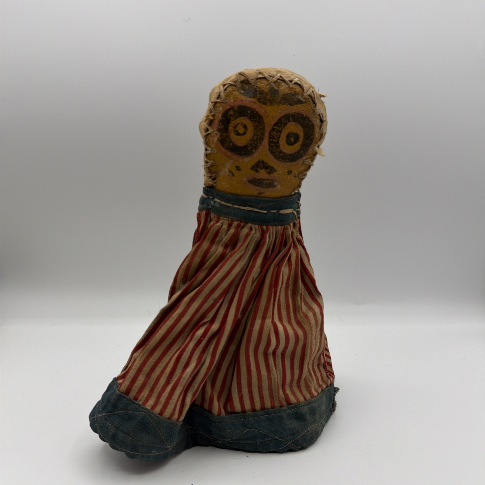 Vintage Carnival Punk Knockdown Doll Hand Painted Face Striped Canvas Folk Art