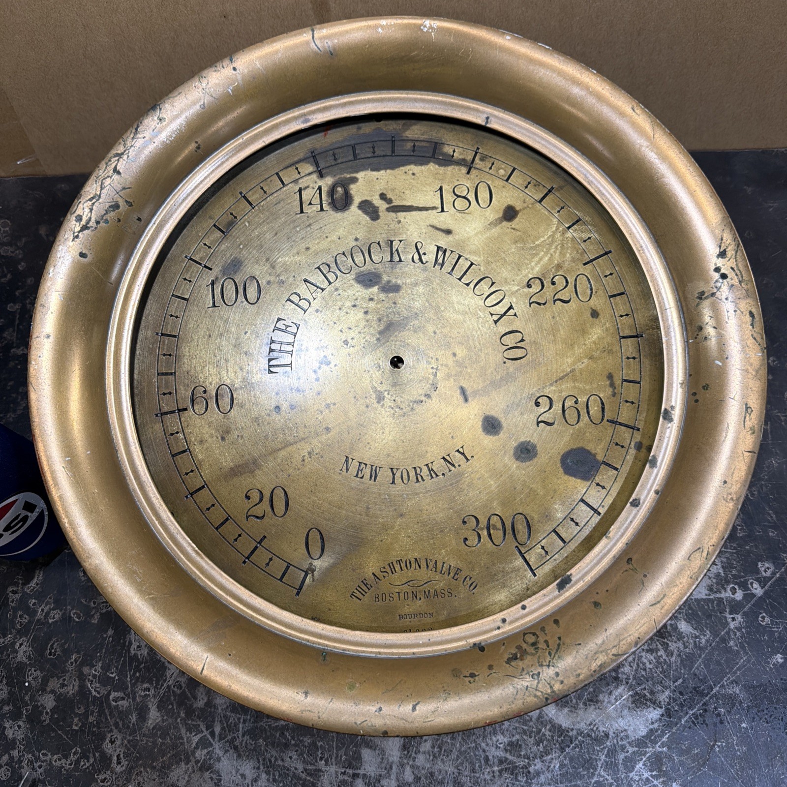 Antique Large 12” Brass Face Gauge Babcock & Wilcox Steam Ashton Valve NY NEAT
