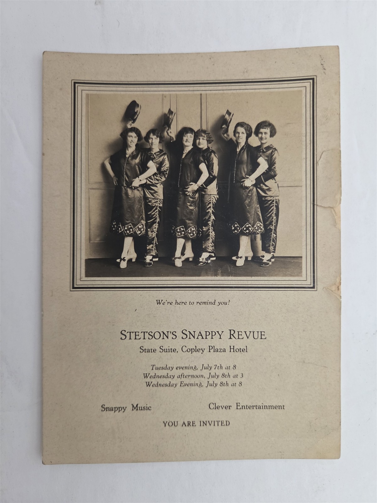 1920s antique STETSON'S SNAPPY REVUE Copley Plaza Hotel boston ma PHOTO INVITE 1920s antique STETSON'S SNAPPY REVUE Copley Plaza Hotel boston ma PHOTO INVITE